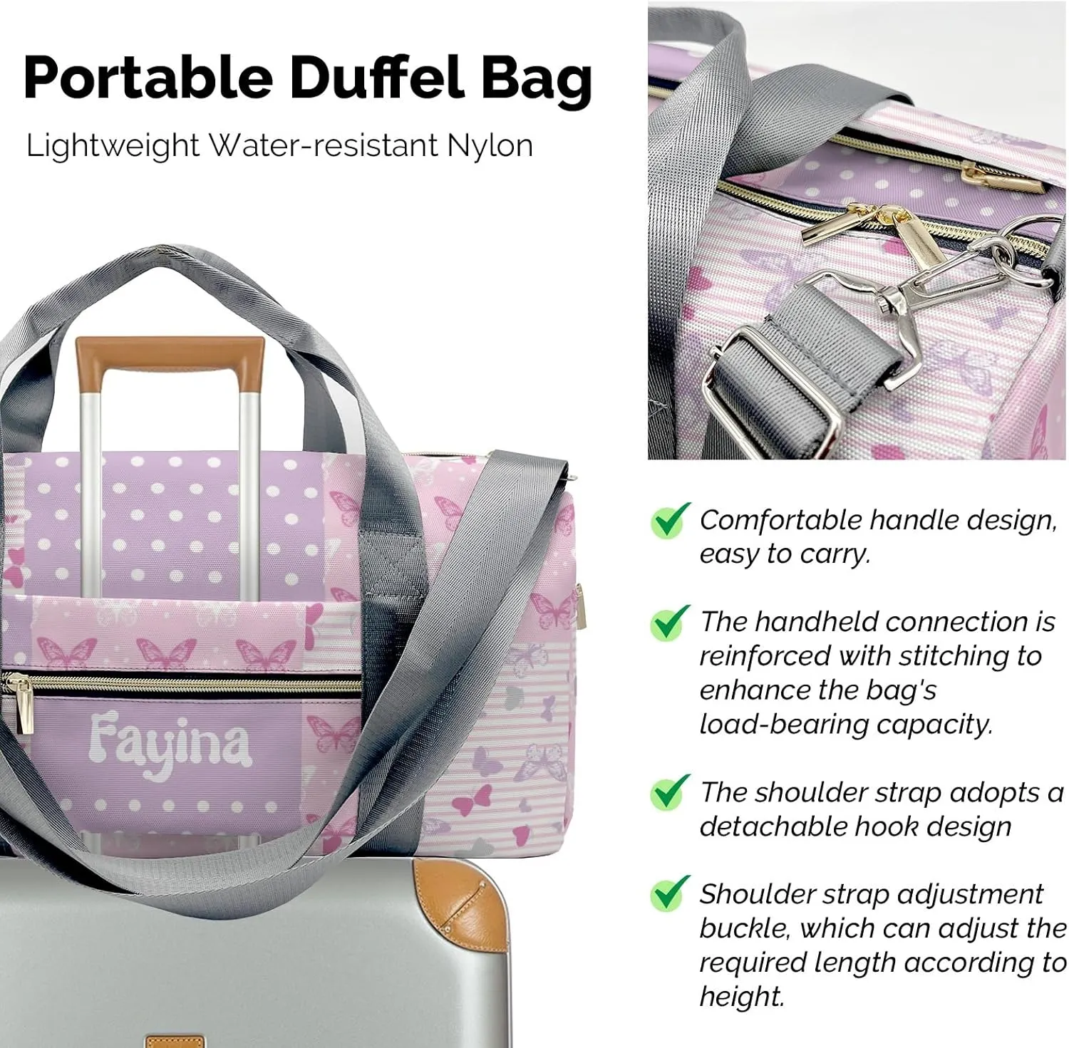 Personalized Butterfly Purple Dot Custom Multi-functional Travel Bag, Unisex Portable Duffel Bag, Short Distance Travel Assistant