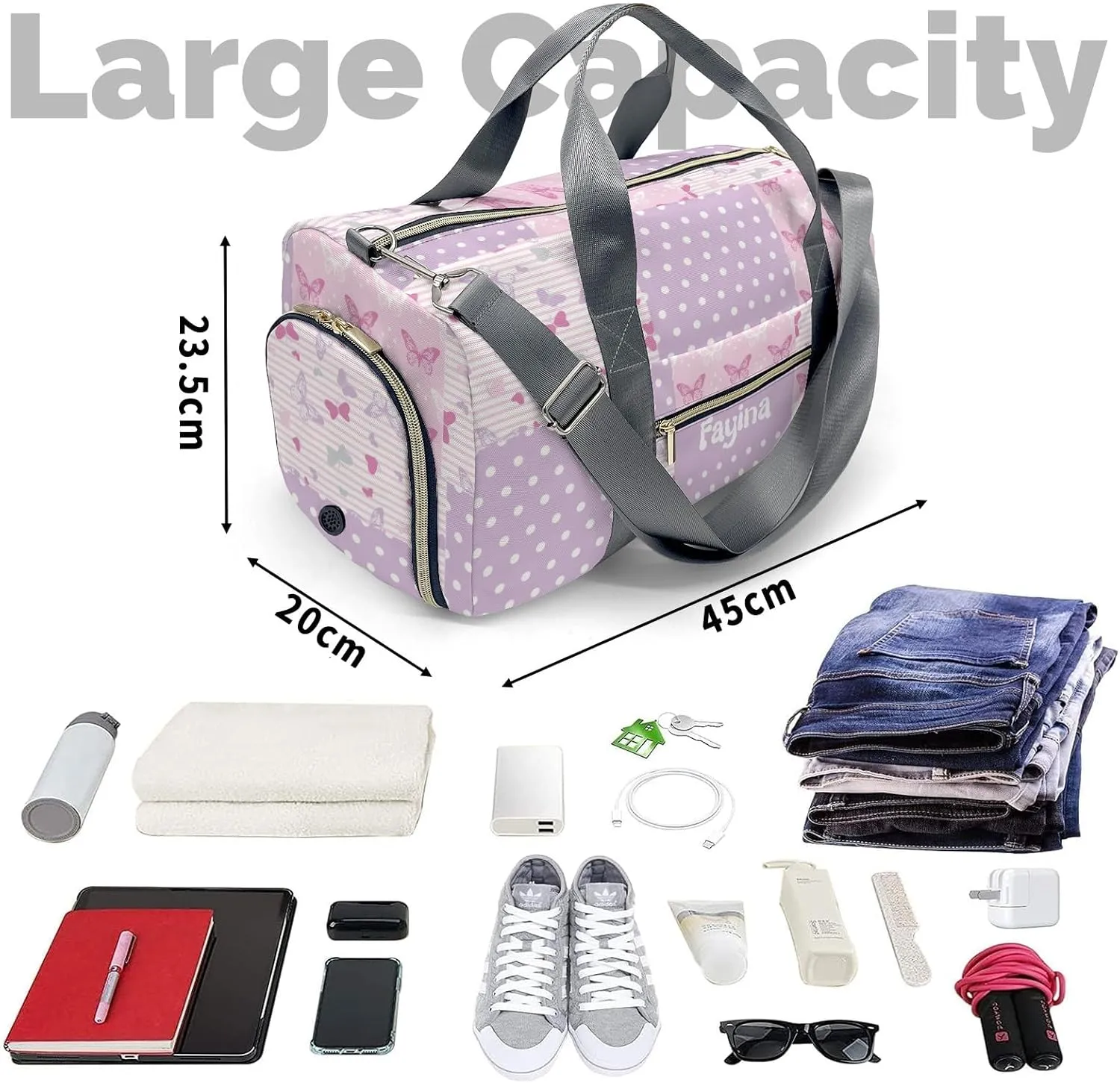 Personalized Butterfly Purple Dot Custom Multi-functional Travel Bag, Unisex Portable Duffel Bag, Short Distance Travel Assistant