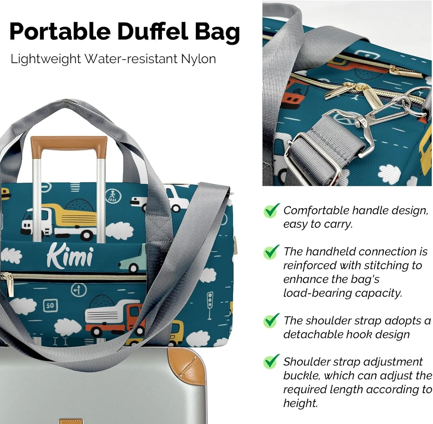 Personalized Cartoon Transportation Cars Custom Multi-functional Travel Bag, Unisex Portable Duffel Bag, Short Distance Travel Assistant