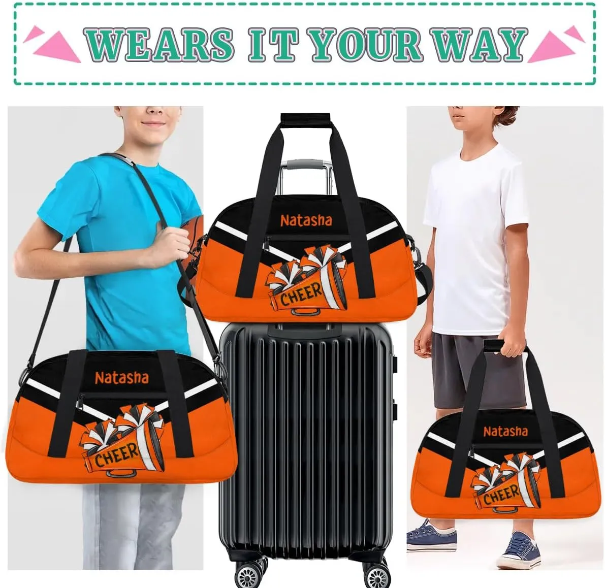Personalized Cheerleader Bag Dance Bag for Girl, Custom Team Bag Gymnastics Bag Sport Duffel Bag, Weekender Bags Travel Duffel Bag for Cheer Team Cute Cheer Orange