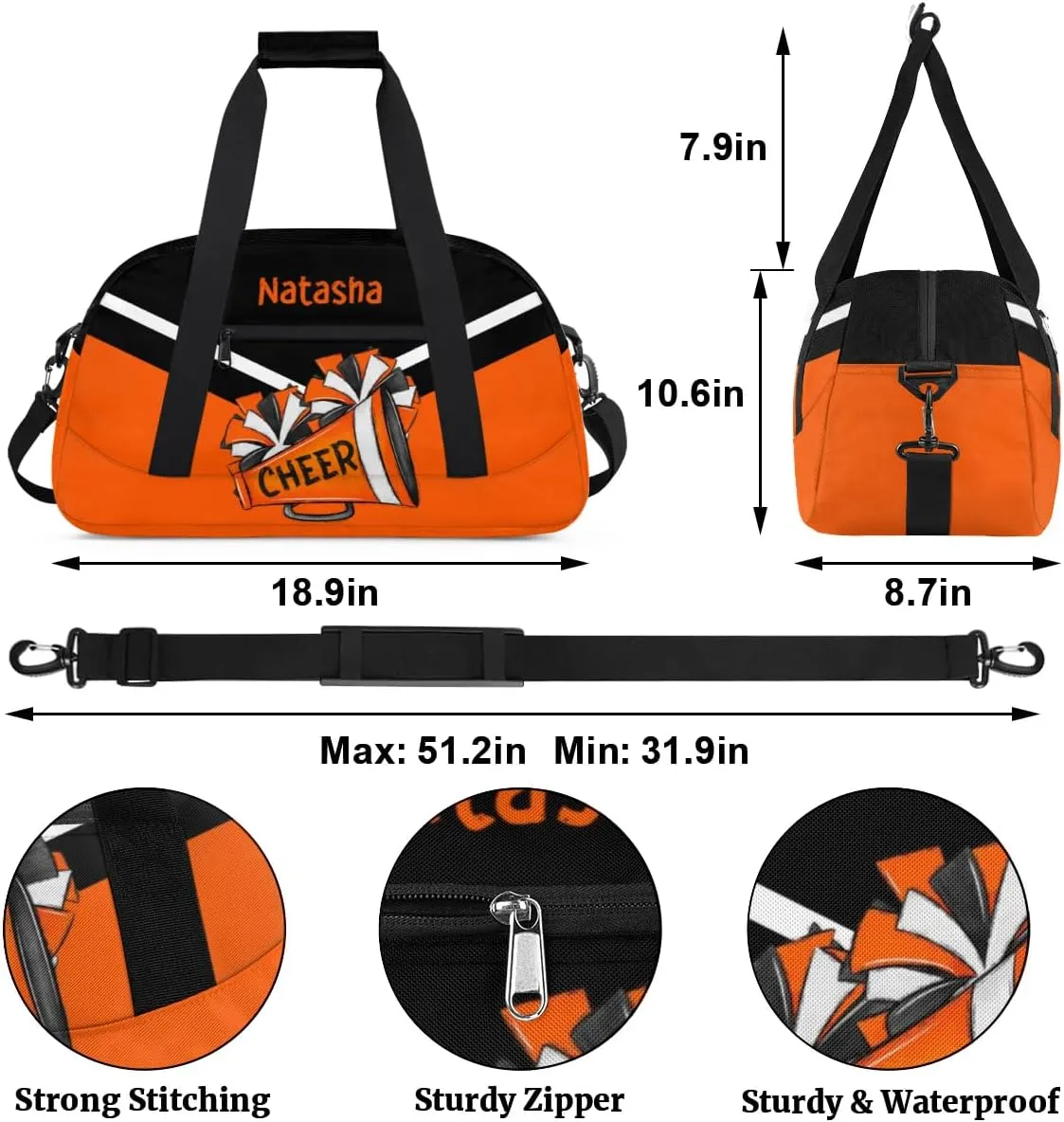 Personalized Cheerleader Bag Dance Bag for Girl, Custom Team Bag Gymnastics Bag Sport Duffel Bag, Weekender Bags Travel Duffel Bag for Cheer Team Cute Cheer Orange