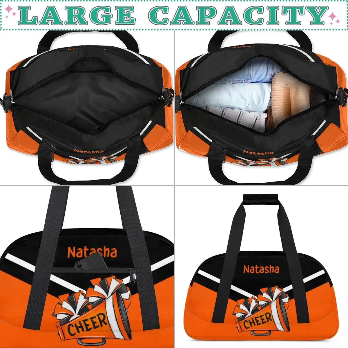 Personalized Cheerleader Bag Dance Bag for Girl, Custom Team Bag Gymnastics Bag Sport Duffel Bag, Weekender Bags Travel Duffel Bag for Cheer Team Cute Cheer Orange