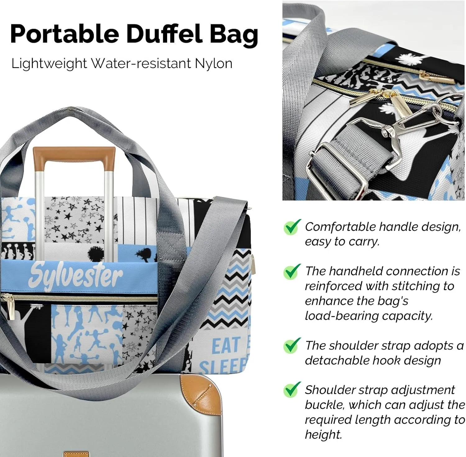 Personalized Cheerleader Girl Chevron Blue Custom Multi-functional Travel Bag, Unisex Portable Duffel Bag, Short Distance Travel Assistant