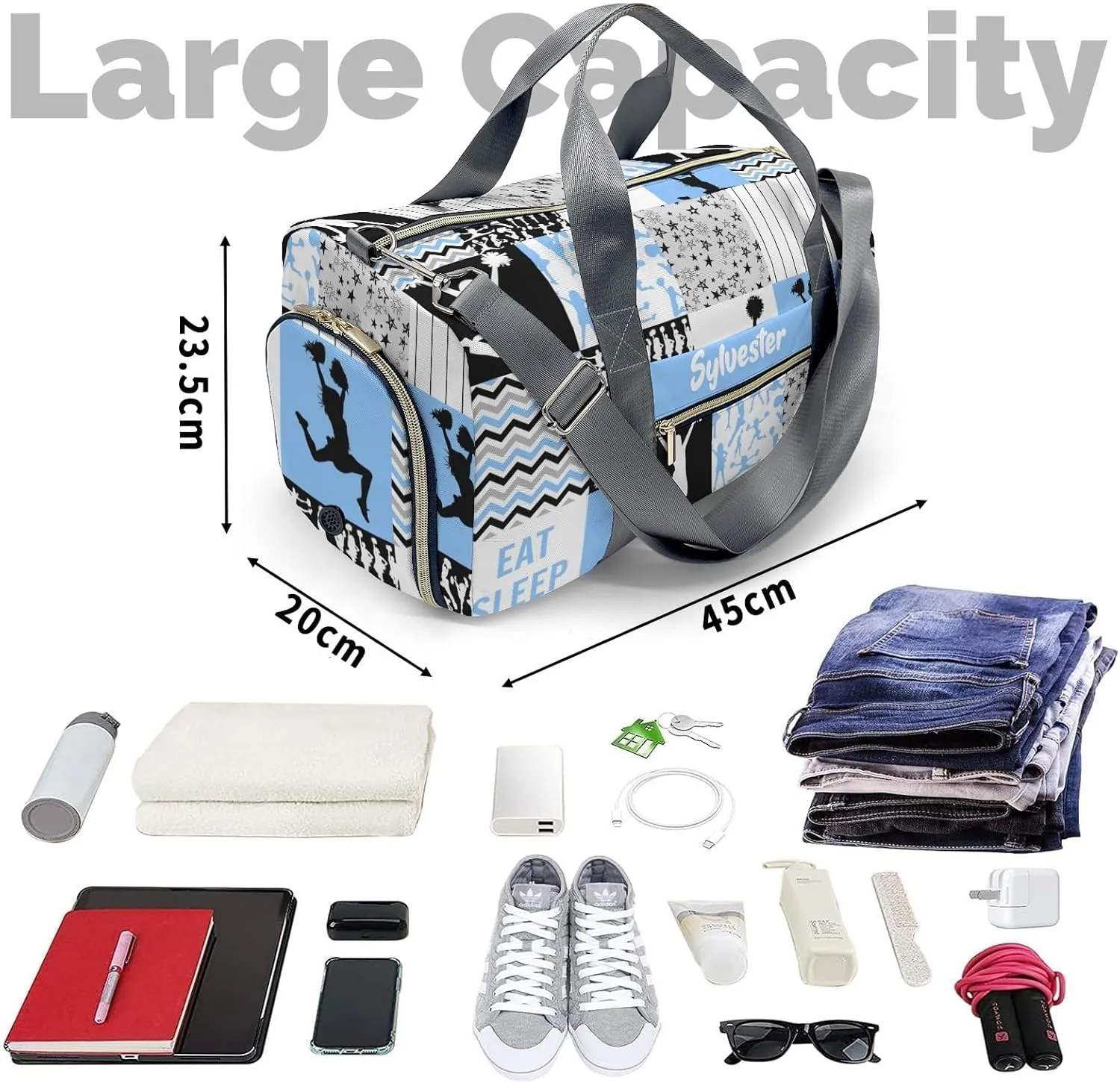 Personalized Cheerleader Girl Chevron Blue Custom Multi-functional Travel Bag, Unisex Portable Duffel Bag, Short Distance Travel Assistant