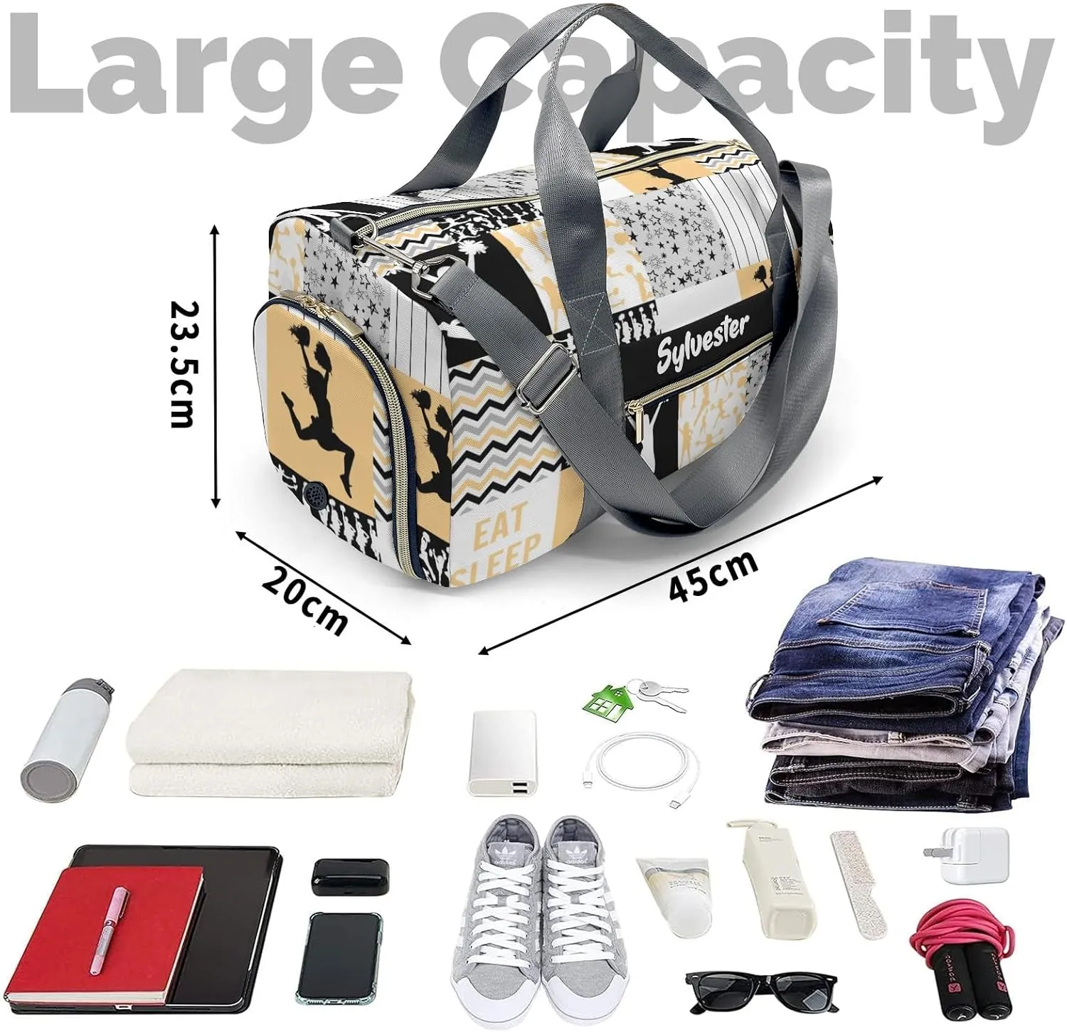 Personalized Chevron Stripes Cheerleader Patchwork Yellow Custom Multi-functional Travel Bag, Unisex Portable Duffel Bag, Short Distance Travel Assistant