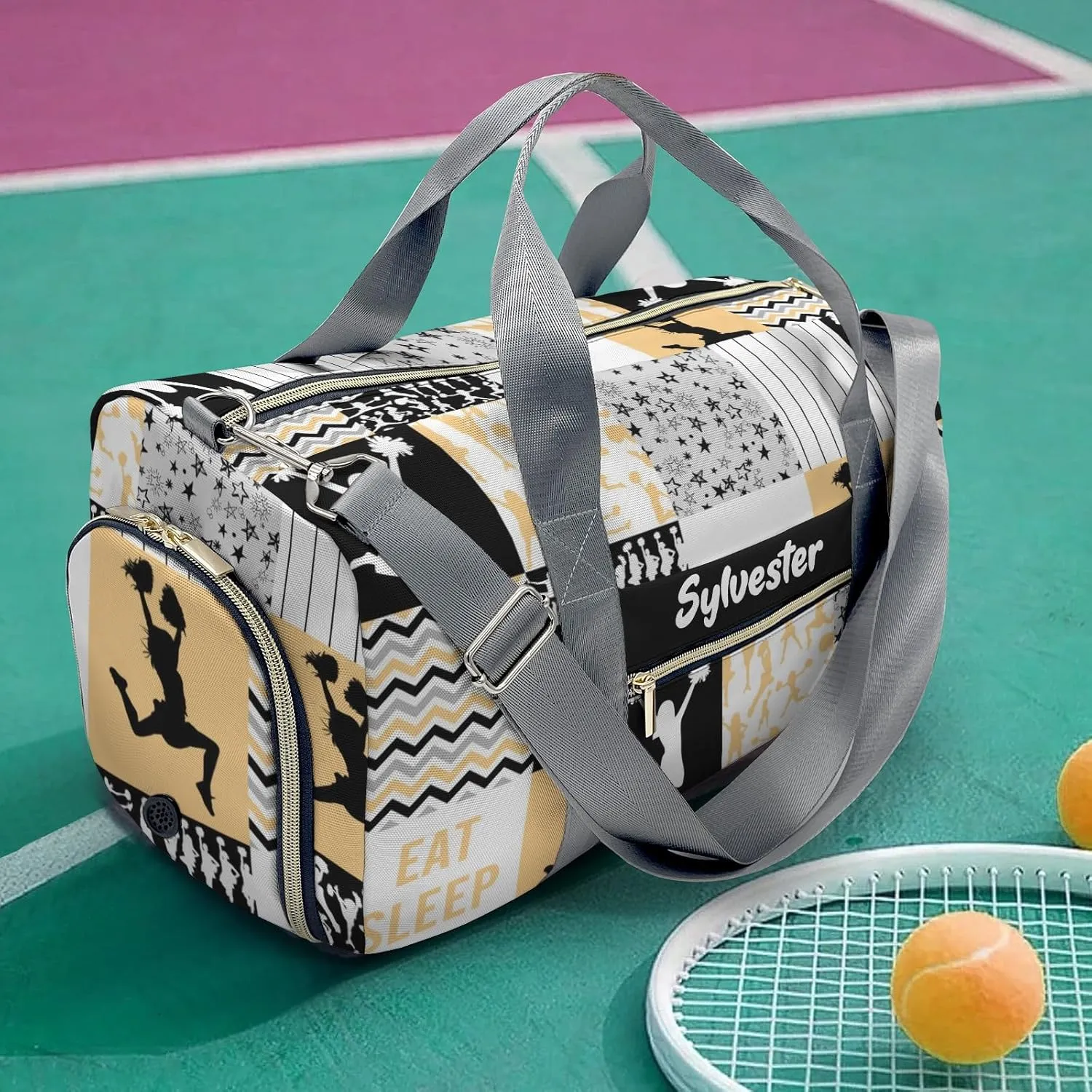 Personalized Chevron Stripes Cheerleader Patchwork Yellow Custom Multi-functional Travel Bag, Unisex Portable Duffel Bag, Short Distance Travel Assistant