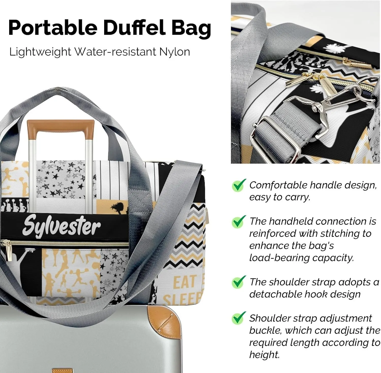 Personalized Chevron Stripes Cheerleader Patchwork Yellow Custom Multi-functional Travel Bag, Unisex Portable Duffel Bag, Short Distance Travel Assistant