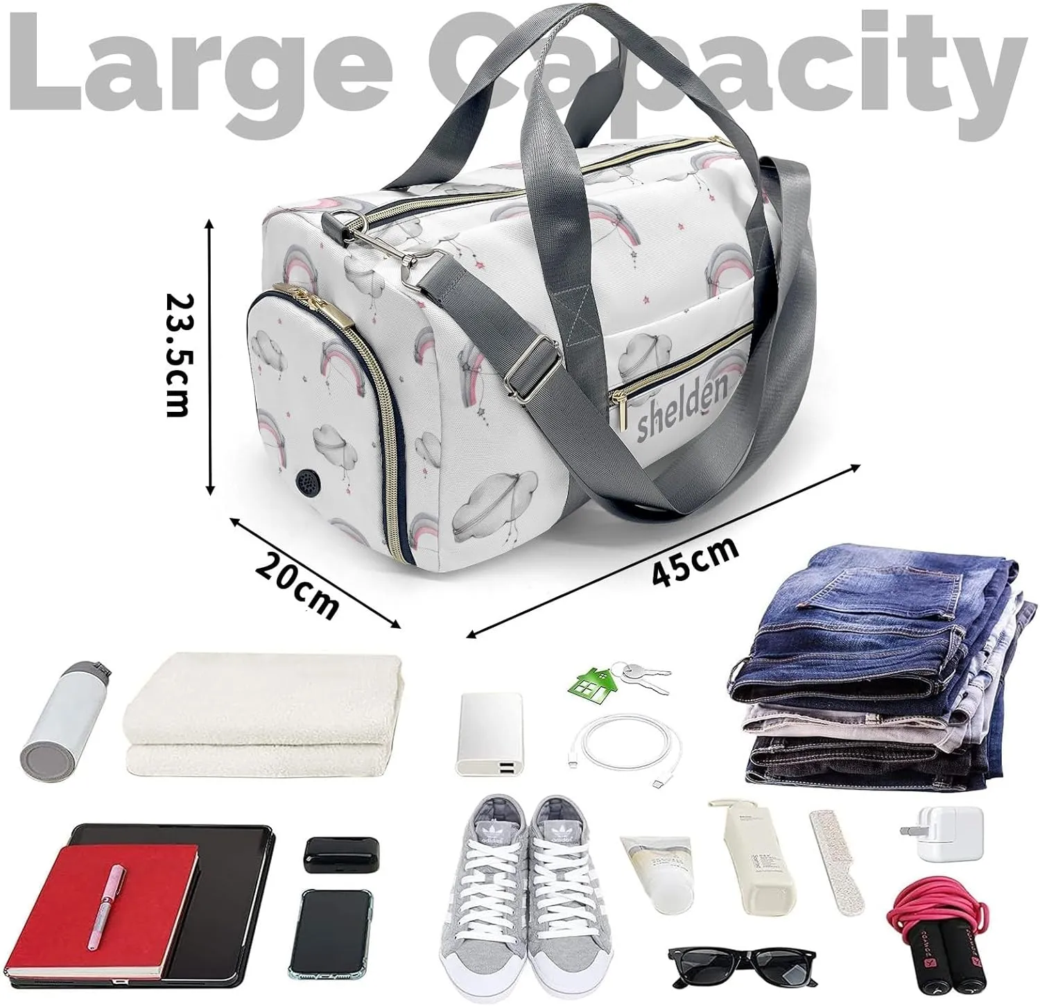 Personalized Clouds Rainbows and Stars Custom Multi-functional Travel Bag, Unisex Portable Duffel Bag, Short Distance Travel Assistant