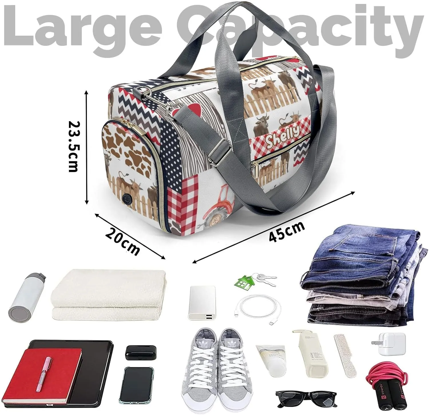 Personalized Cute Farm House Horse Animals Patchwork Custom Multi-functional Travel Bag, Unisex Portable Duffel Bag, Short Distance Travel Assistant