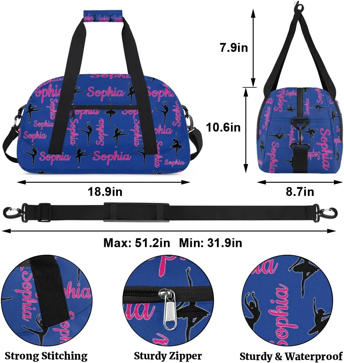 Personalized Dance Bag Ballet Sport Duffel Bag for Dancer Custom Dance Overnight Weekender Bags Cobalt Blue Personalized Gifts