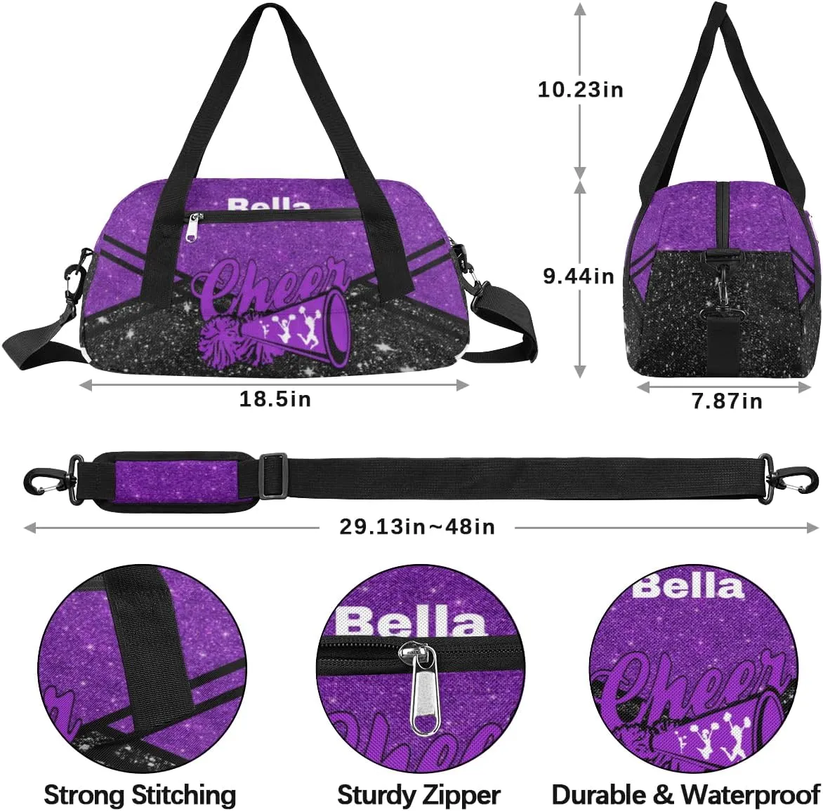 Personalized Dance Bag Cheer Bag for Girls, Personalized Custom Kids Duffle Bags, Customized Sports Gym Bag Weekender Overnight Bag Travel Duffel Bag for Kids, Cheerleading Purple Black Glitter