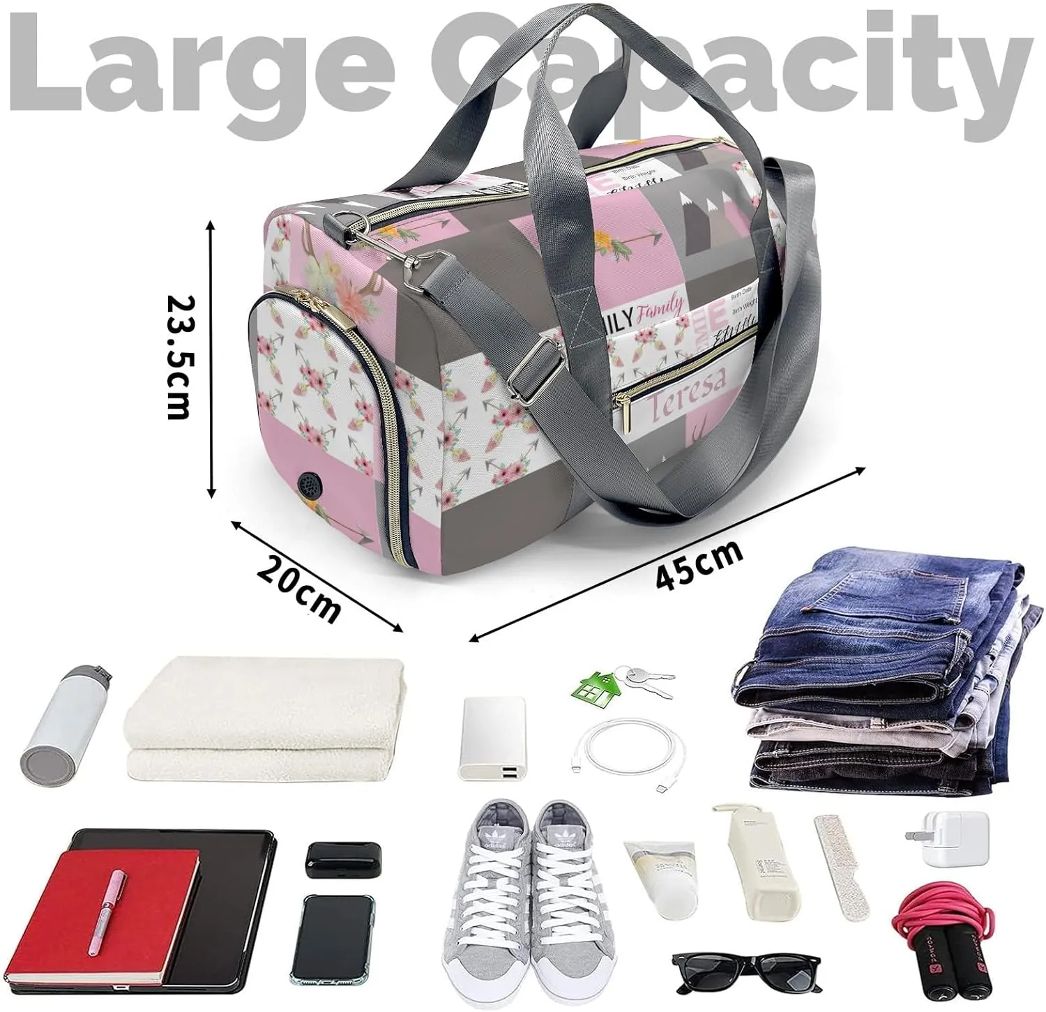 Personalized Flowers Custom Multi-functional Travel Bag, Unisex Portable Duffel Bag, Short Distance Travel Assistant.