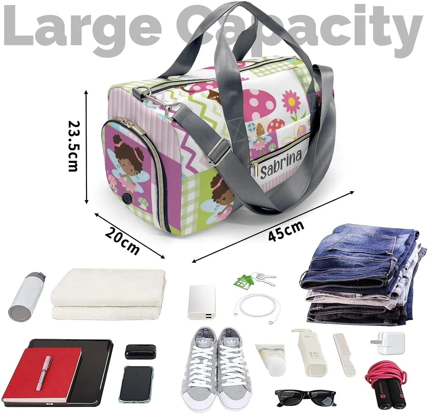 Personalized Garden Fairy Girl Flower Mushroom Custom Multi-functional Travel Bag, Unisex Portable Duffel Bag, Short Distance Travel Assistant