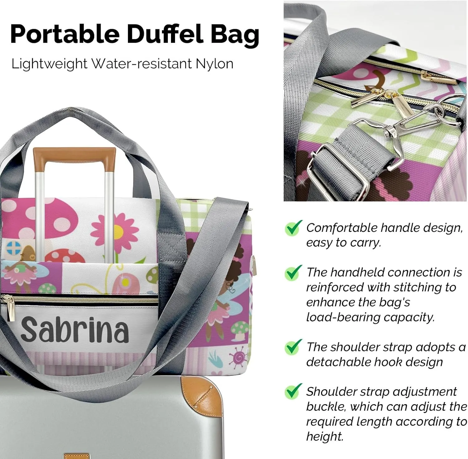 Personalized Garden Fairy Girl Flower Mushroom Custom Multi-functional Travel Bag, Unisex Portable Duffel Bag, Short Distance Travel Assistant