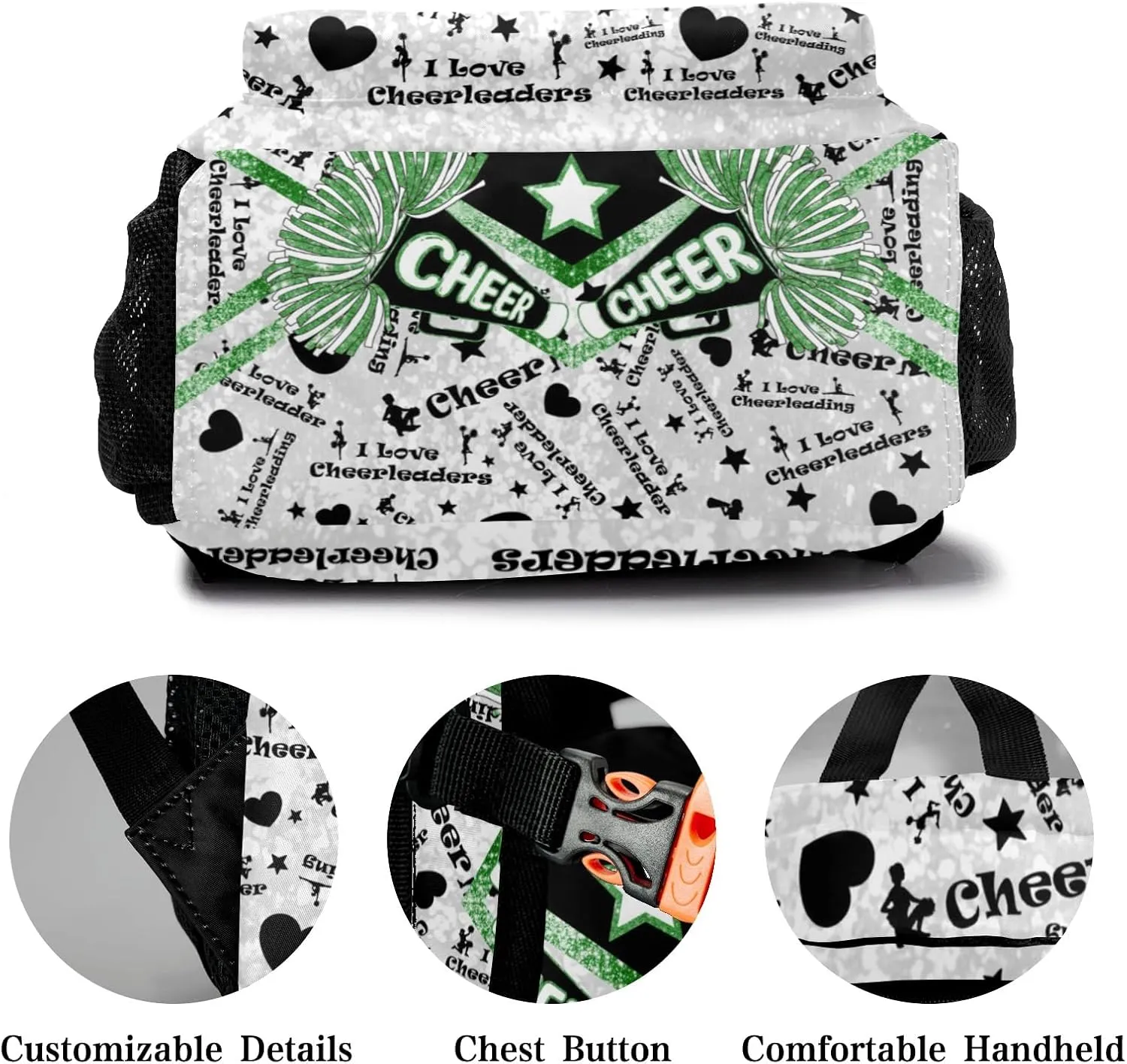 Personalized Green Black Cheerleading Bags with Name Bag Waterproof Backpack Unisex Schoolbag Gift Casual Pack for Student Boys Girls