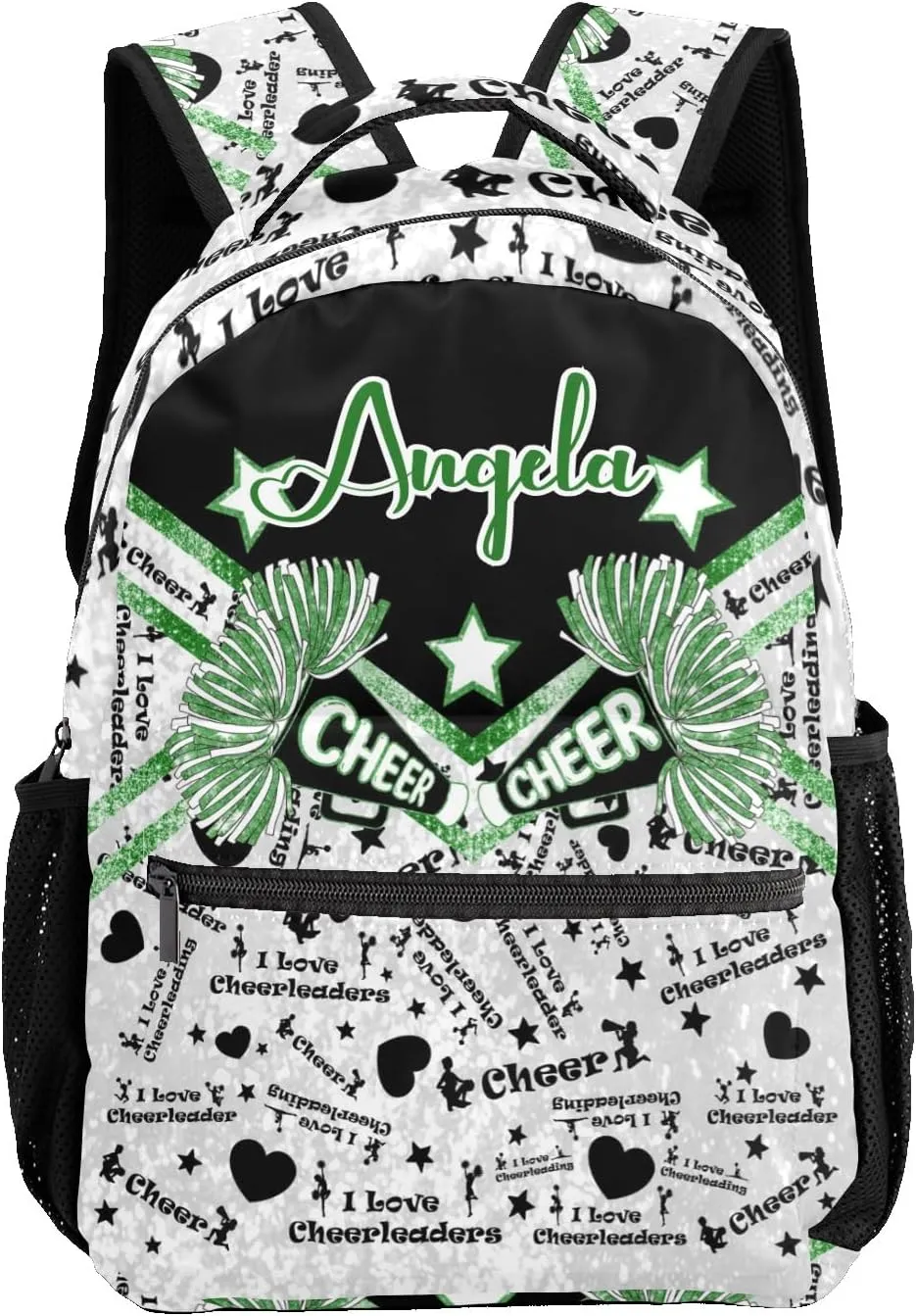 Personalized Green Black Cheerleading Bags with Name Bag Waterproof Backpack Unisex Schoolbag Gift Casual Pack for Student Boys Girls
