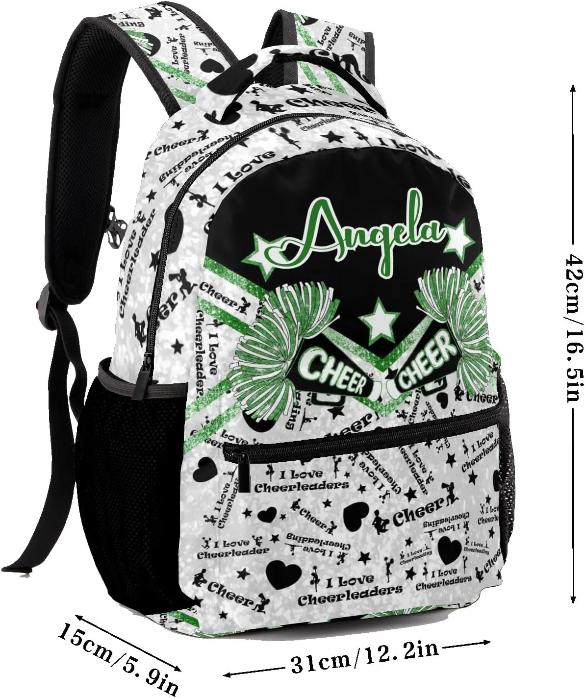 Personalized Green Black Cheerleading Bags with Name Bag Waterproof Backpack Unisex Schoolbag Gift Casual Pack for Student Boys Girls