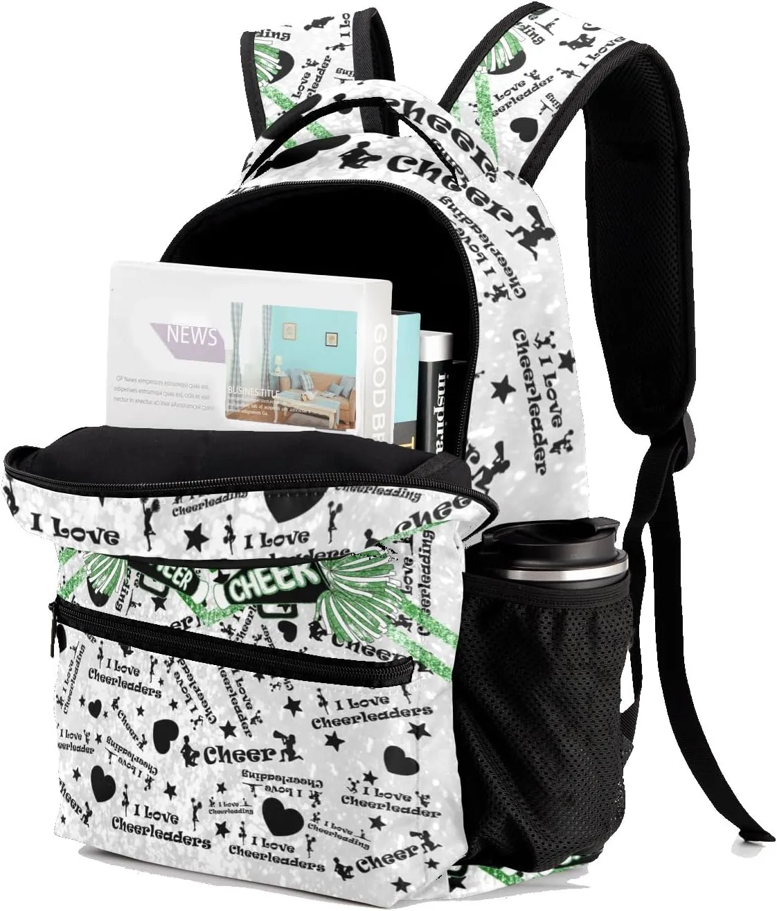 Personalized Green Black Cheerleading Bags with Name Bag Waterproof Backpack Unisex Schoolbag Gift Casual Pack for Student Boys Girls