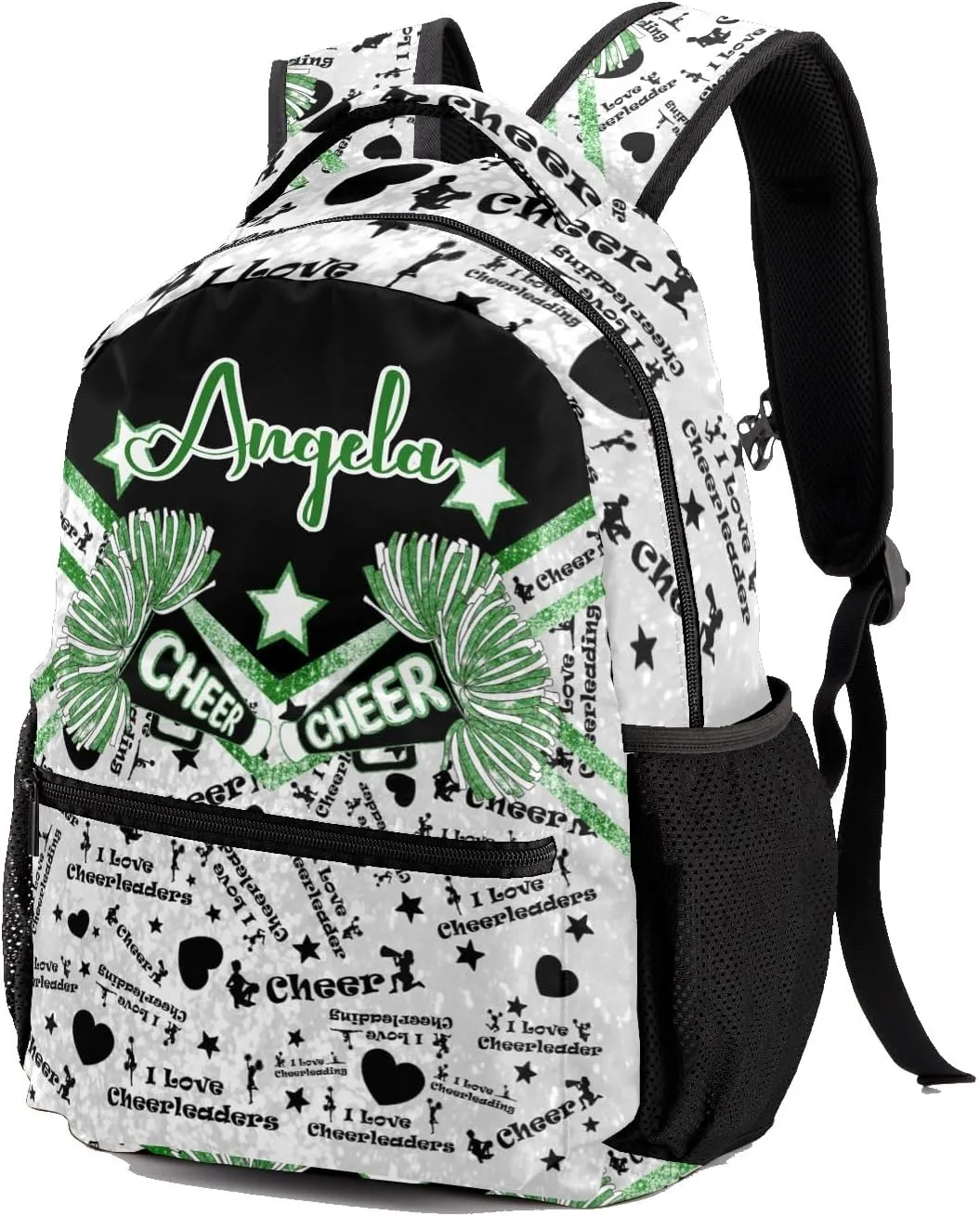 Personalized Green Black Cheerleading Bags with Name Bag Waterproof Backpack Unisex Schoolbag Gift Casual Pack for Student Boys Girls
