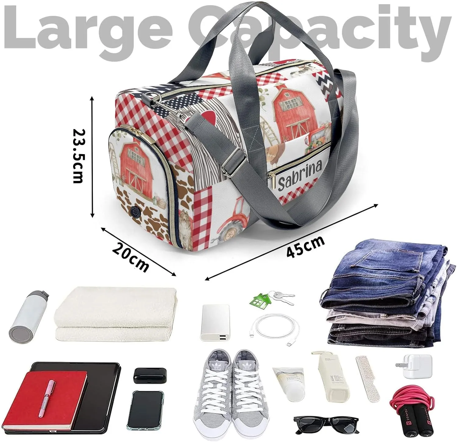 Personalized Grunge Farm Animals Patchwork Custom Multi-functional Travel Bag, Unisex Portable Duffel Bag, Short Distance Travel Assistant