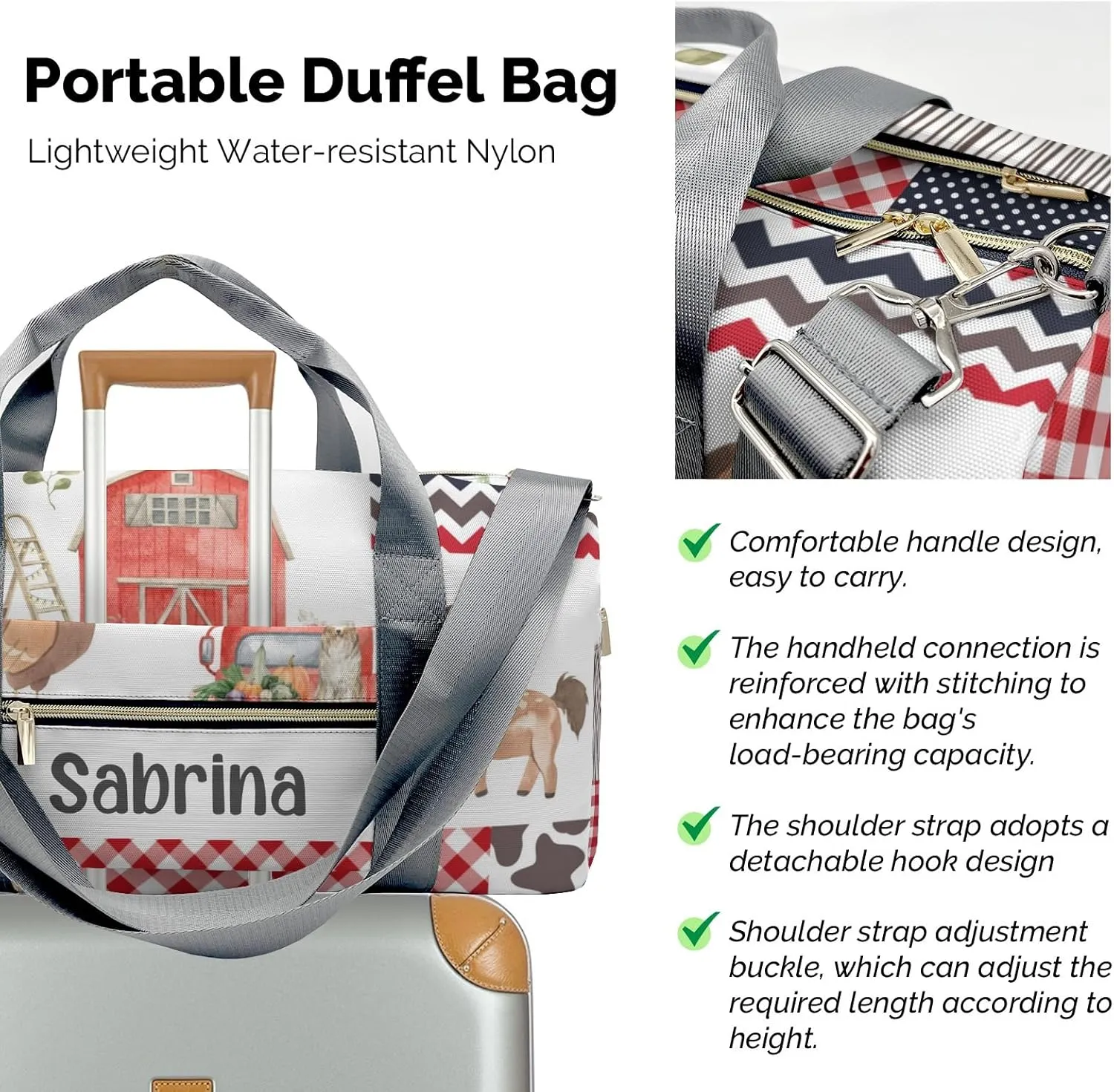 Personalized Grunge Farm Animals Patchwork Custom Multi-functional Travel Bag, Unisex Portable Duffel Bag, Short Distance Travel Assistant