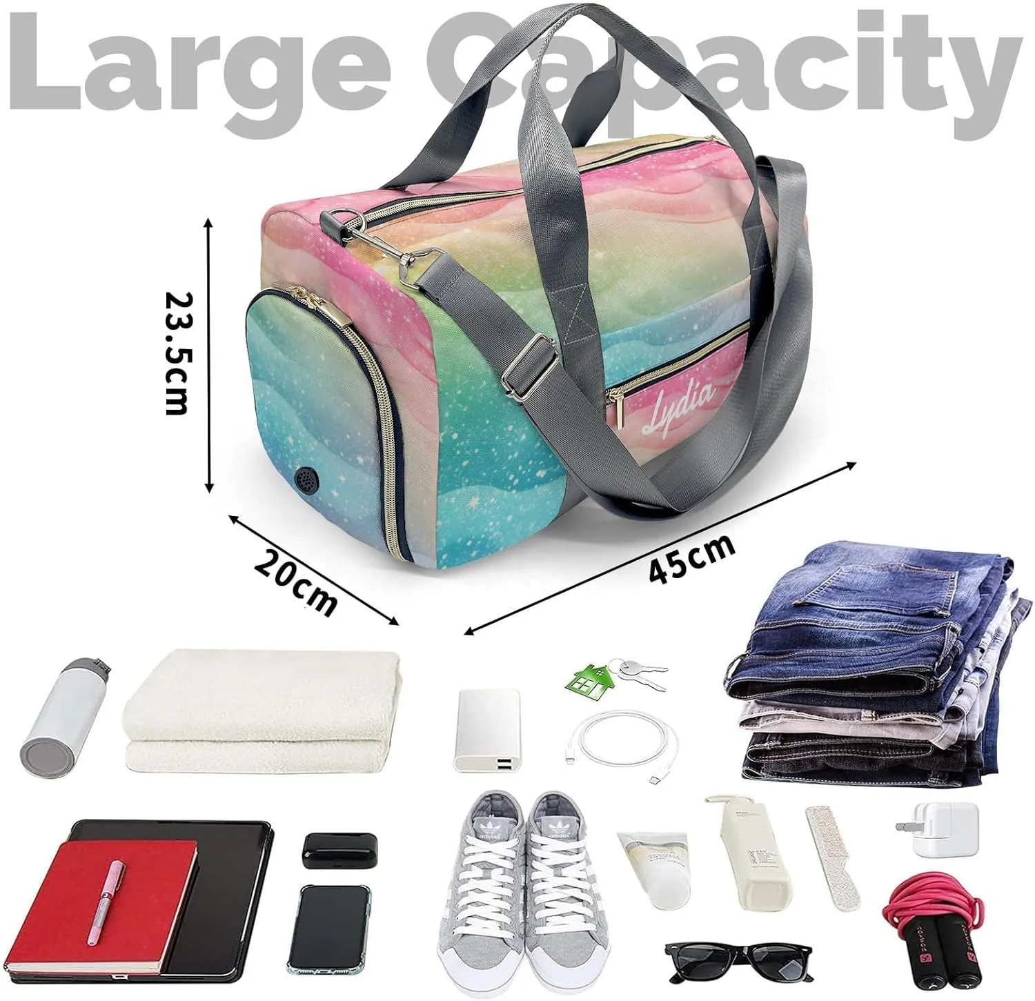 Personalized Gymnastics Rainbow Wave Custom Multi-functional Travel Bag, Unisex Portable Duffel Bag, Short Distance Travel Assistant