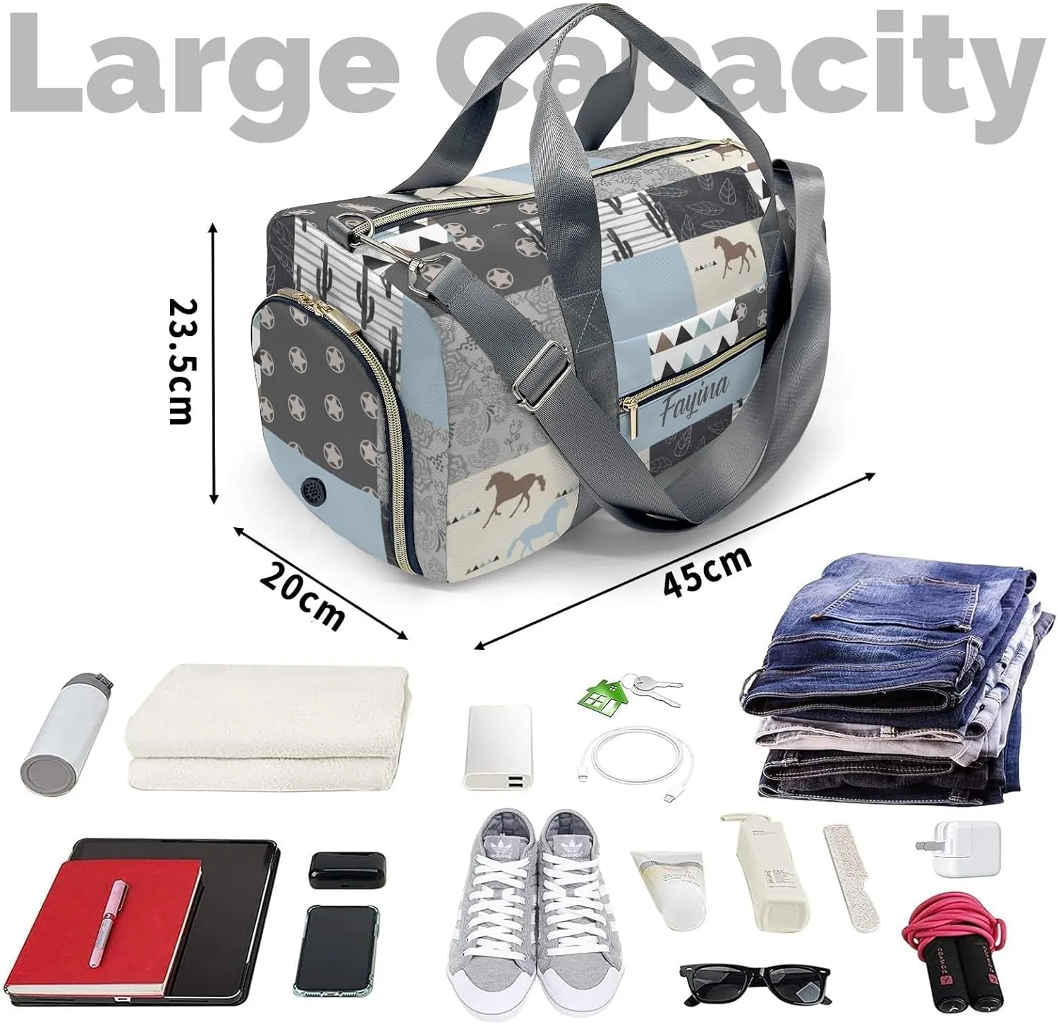 Personalized Horse Cactus Patchwork Custom Multi-functional Travel Bag, Unisex Portable Duffel Bag, Short Distance Travel Assistant