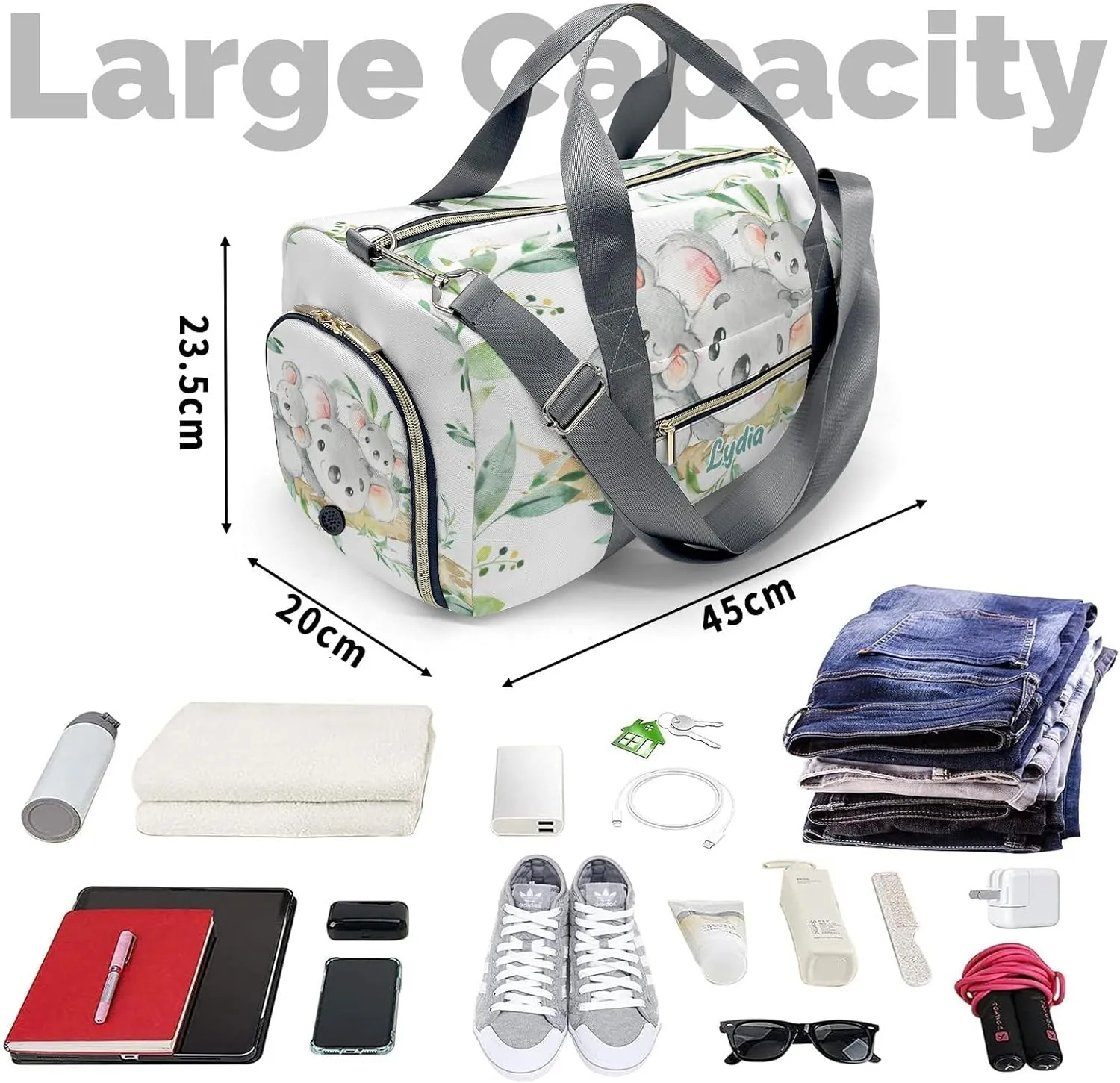 Personalized Koala Bear twins Greeny Leaves Custom Multi-functional Travel Bag, Unisex Portable Duffel Bag, Short Distance Travel Assistant