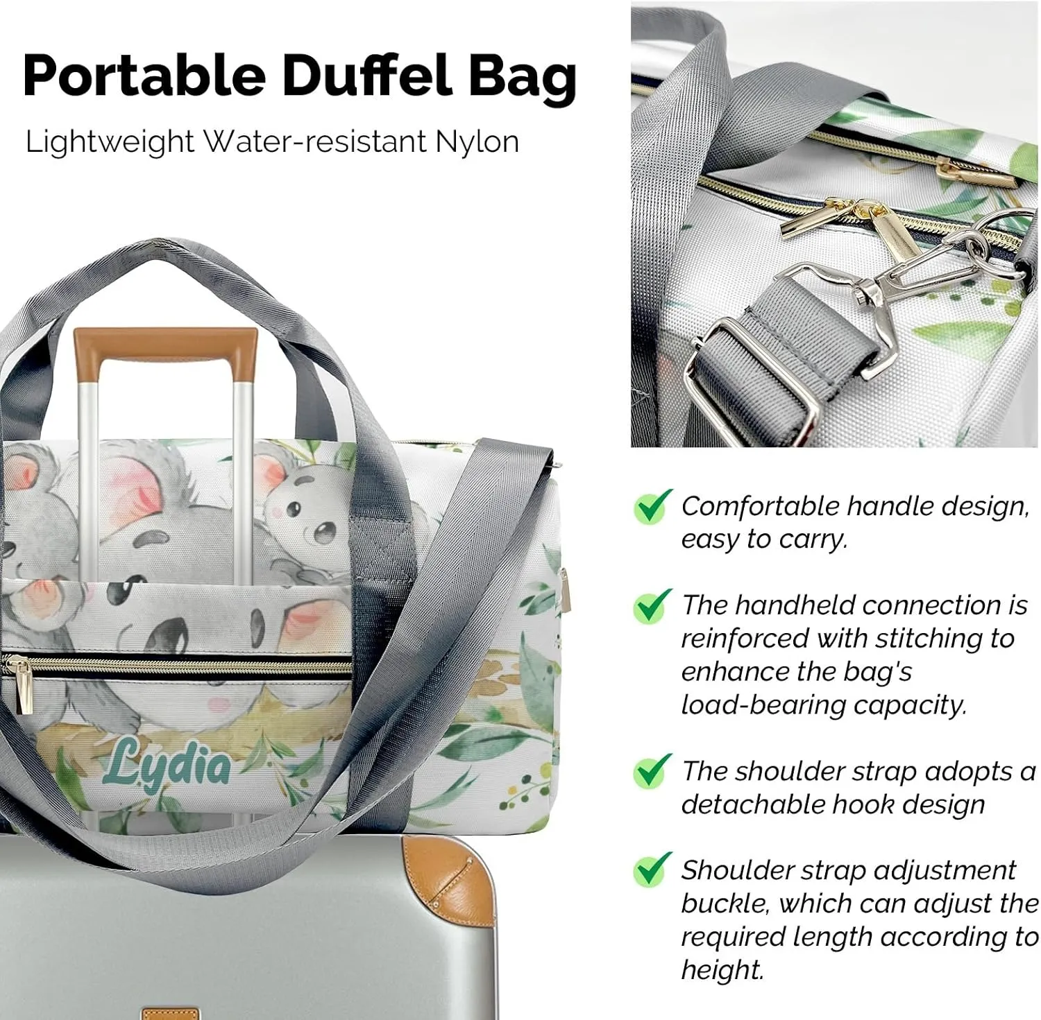Personalized Koala Bear twins Greeny Leaves Custom Multi-functional Travel Bag, Unisex Portable Duffel Bag, Short Distance Travel Assistant