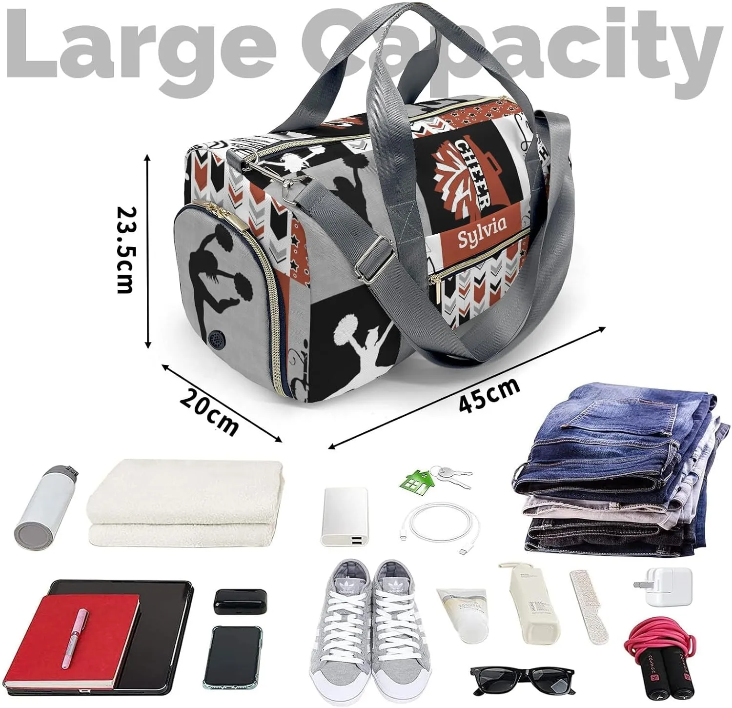 Personalized Rust I Love Cheer Cheerleader Custom Multi-functional Travel Bag, Unisex Portable Duffel Bag, Short Distance Travel Assistant