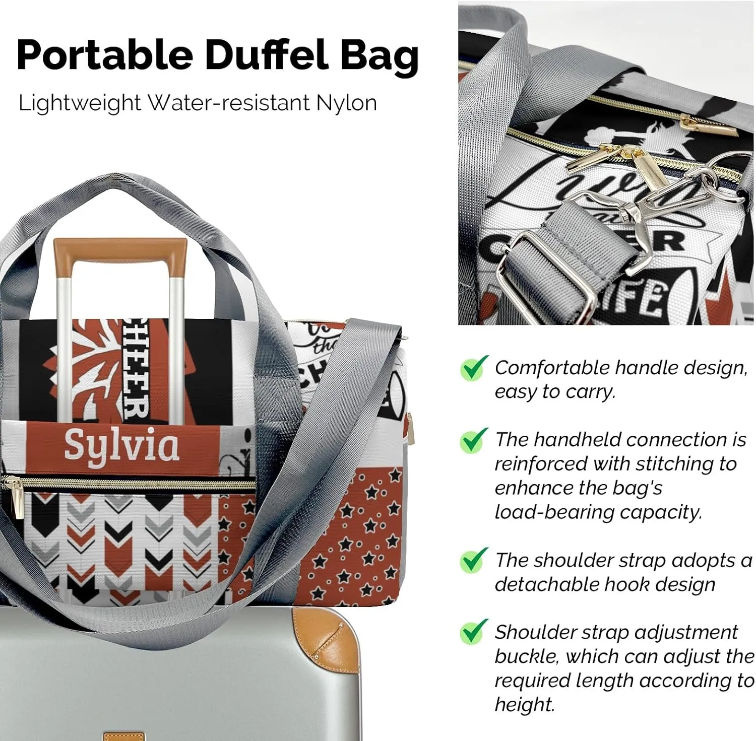 Personalized Rust I Love Cheer Cheerleader Custom Multi-functional Travel Bag, Unisex Portable Duffel Bag, Short Distance Travel Assistant