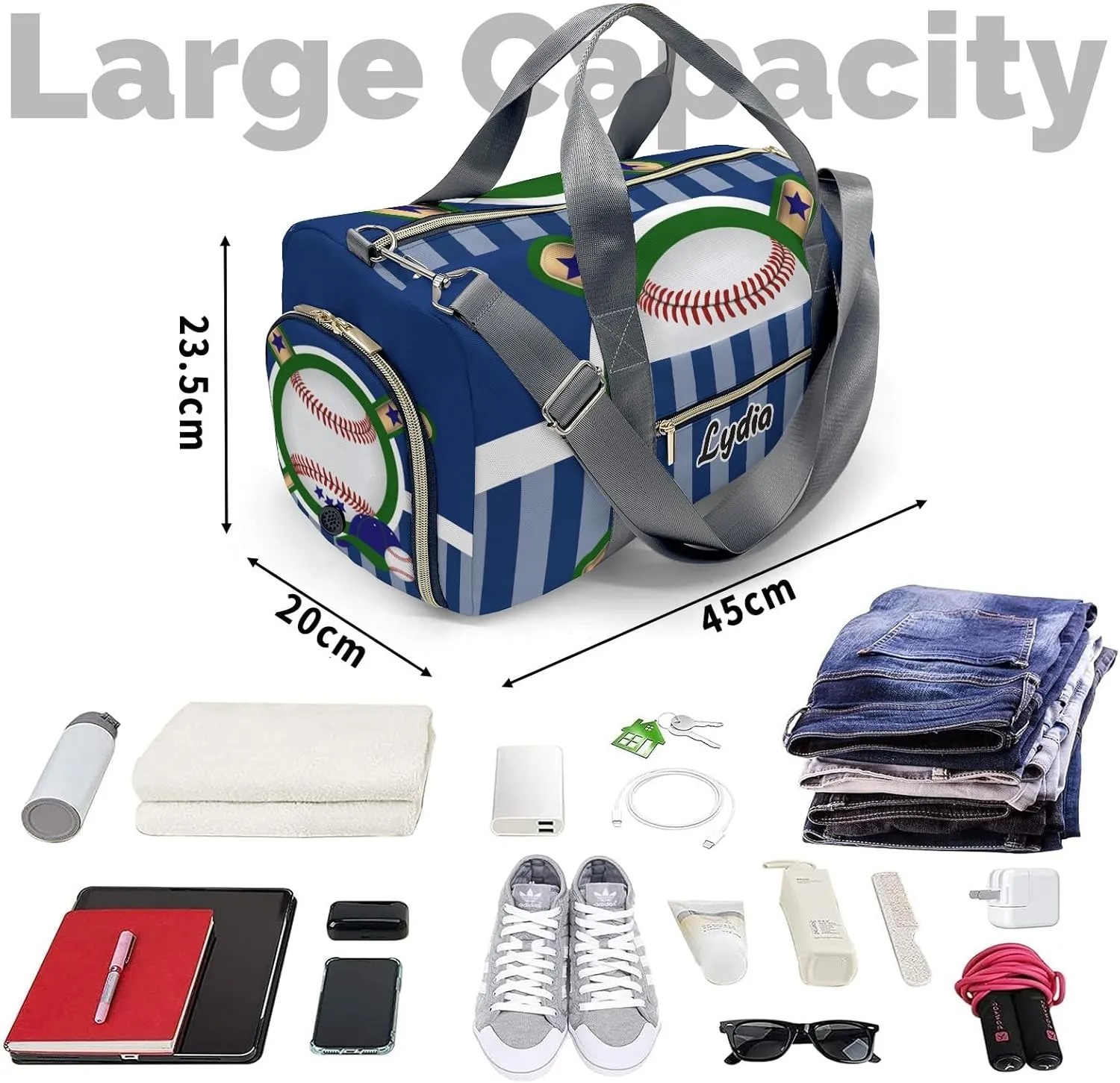 Personalized Sport Baseball Blue Custom Multi-functional Travel Bag, Unisex Portable Duffel Bag, Short Distance Travel Assistant