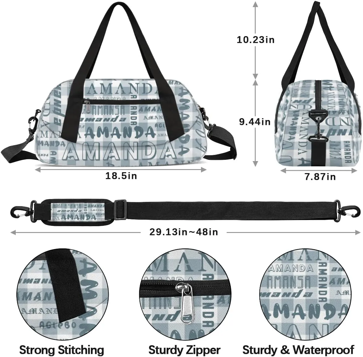 Personalized Sport Dance Bag Custom Boys Gym Bag Girls Ballet Dance Bag Customize Travel Duffle Bag with Name Overnight Weekender Bags (Blue Gray Grid)