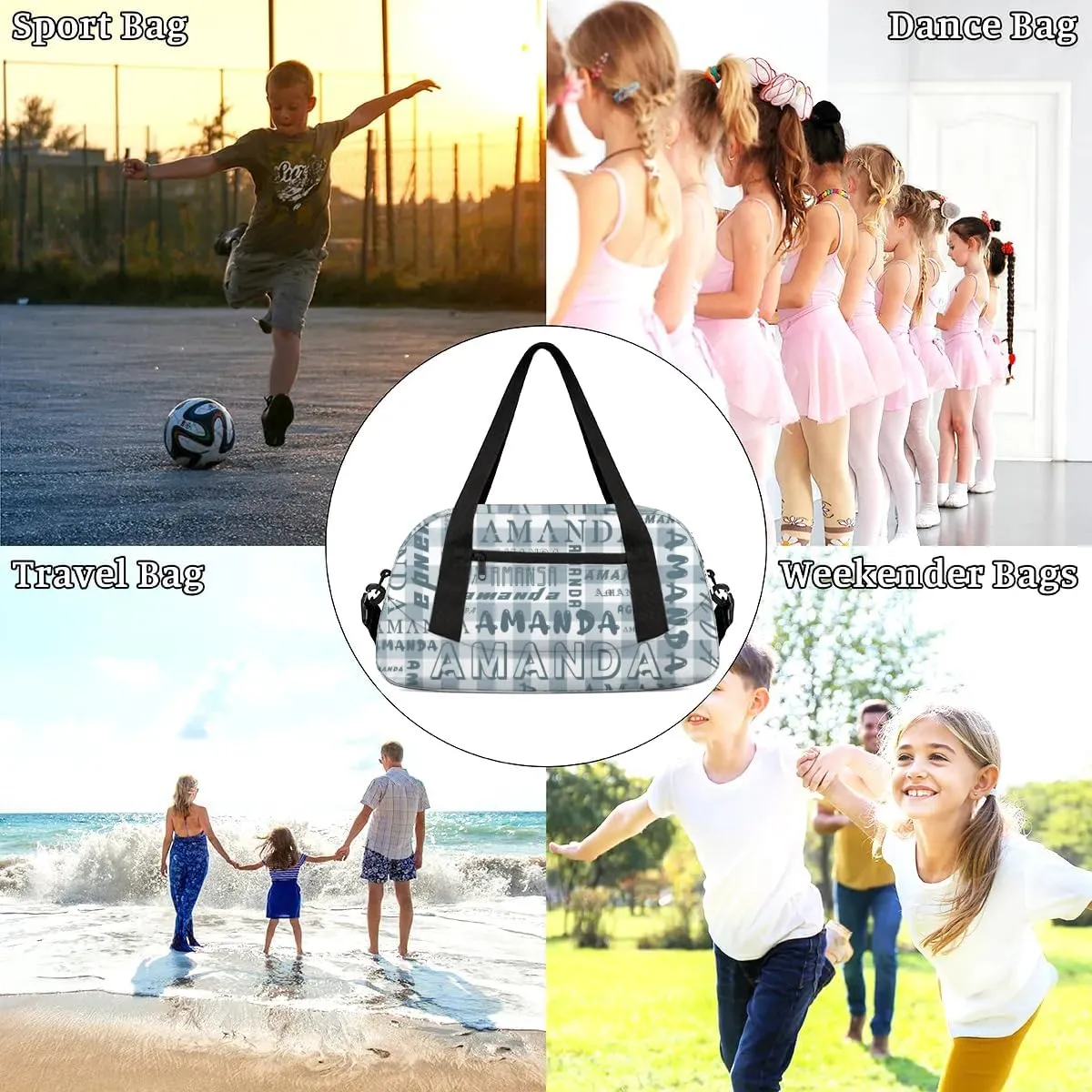 Personalized Sport Dance Bag Custom Boys Gym Bag Girls Ballet Dance Bag Customize Travel Duffle Bag with Name Overnight Weekender Bags (Blue Gray Grid)