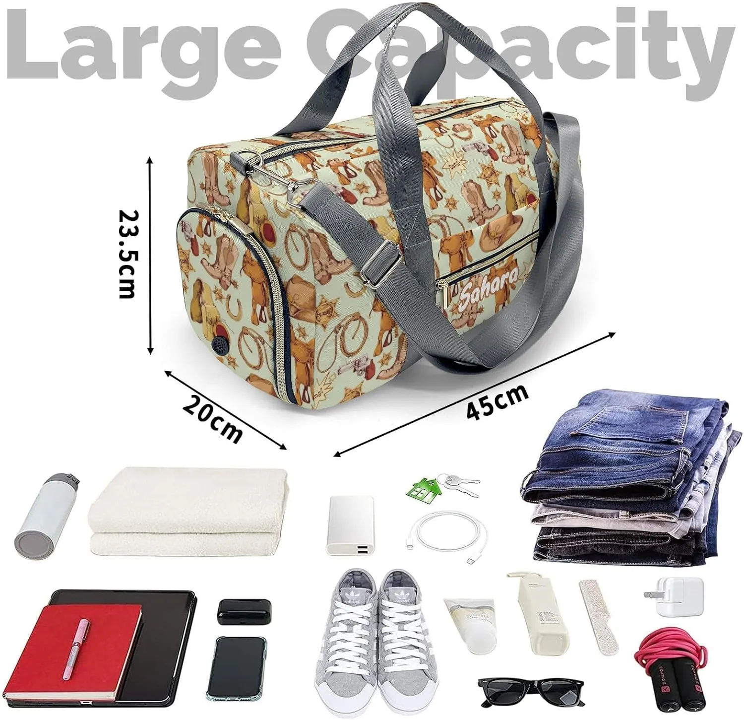 Personalized Vintage Western Cowboy Elements Custom Multi-functional Travel Bag, Unisex Portable Duffel Bag, Short Distance Travel Assistant