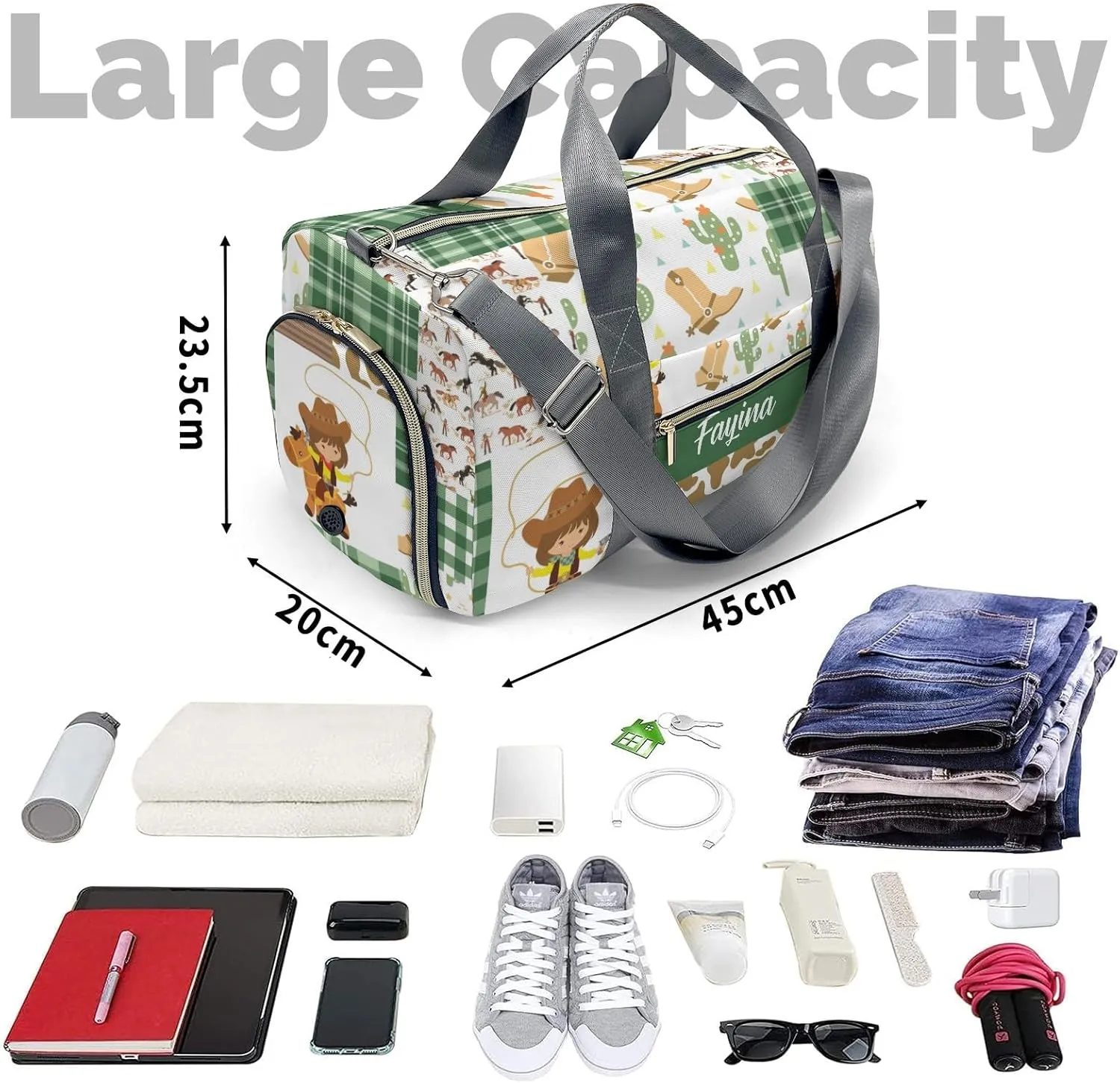 Personalized Western Cowgirl Cactus Horse Custom Multi-functional Travel Bag, Unisex Portable Duffel Bag, Short Distance Travel Assistant