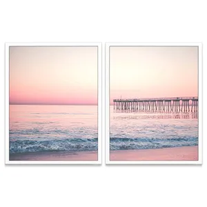 Pier at Sunrise Beach Photography Prints, Set of 2, Unframed, Coastal Wall Decor, Nautical Decor, Fine Art Photography, Seascape Wall Art, Dock at Sunrise Photography Wall Art, 8x10 Inches