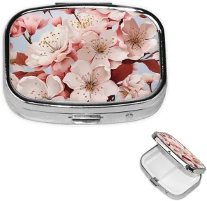 Pill Case with Mirror Retro 2 Compartment Pill Box Cherry Blossoms Small Pill Organizer for Purse or Pocket Decorative Metal Medicine Vitamin Organizer Unique Gifts