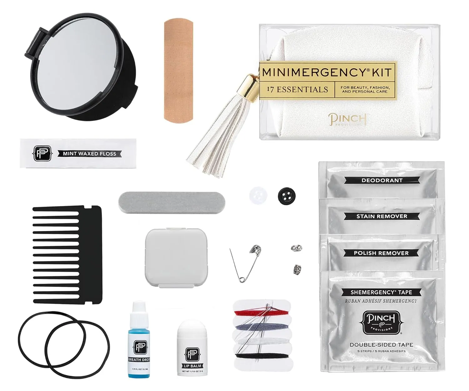 Pinch Provisions Minimergency Kit for Her, Vegan White, Includes 17 Must-Have Emergency Essential Items, Compact, Multi-Functional Pouch, Gift for Parties and Birthdays