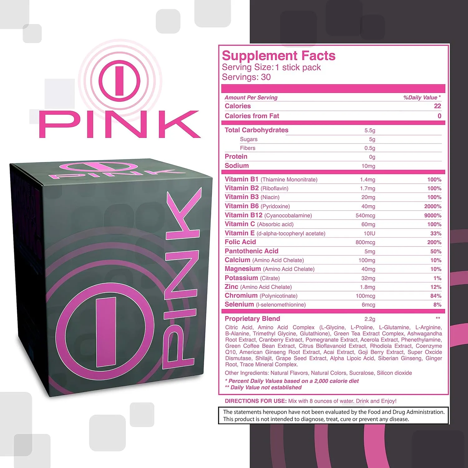 Pink for Women (Alive) - Pure Blend for Vitality, Stamina & Clarity, Energy Drink Mix Packets - Ideal for Active Women on the Go - 30 Servings