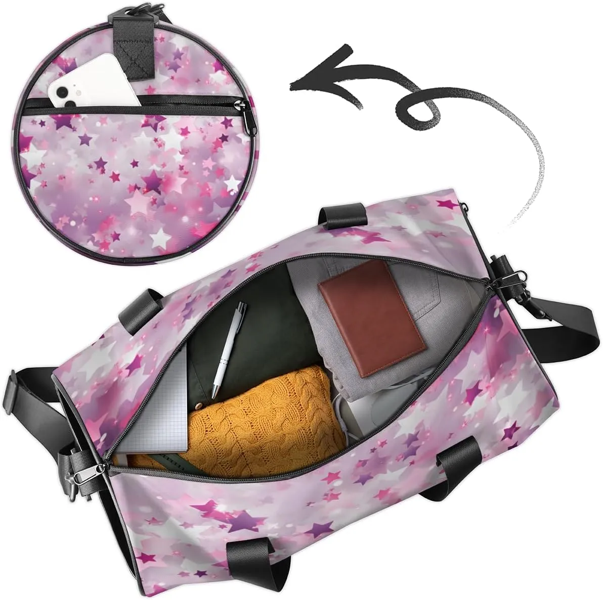 Pink Star Fantasy Sports Duffel Bag with Shoulder Strap, Large Capacity Gym Bag with Shoe Compartment, Water Resistant Travel Duffle Bag for Men Women Travel, Sports (17.6x9x9 Inch)