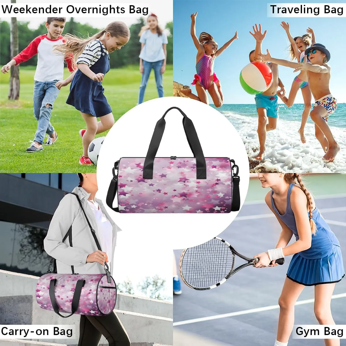 Pink Star Fantasy Sports Duffel Bag with Shoulder Strap, Large Capacity Gym Bag with Shoe Compartment, Water Resistant Travel Duffle Bag for Men Women Travel, Sports (17.6x9x9 Inch)
