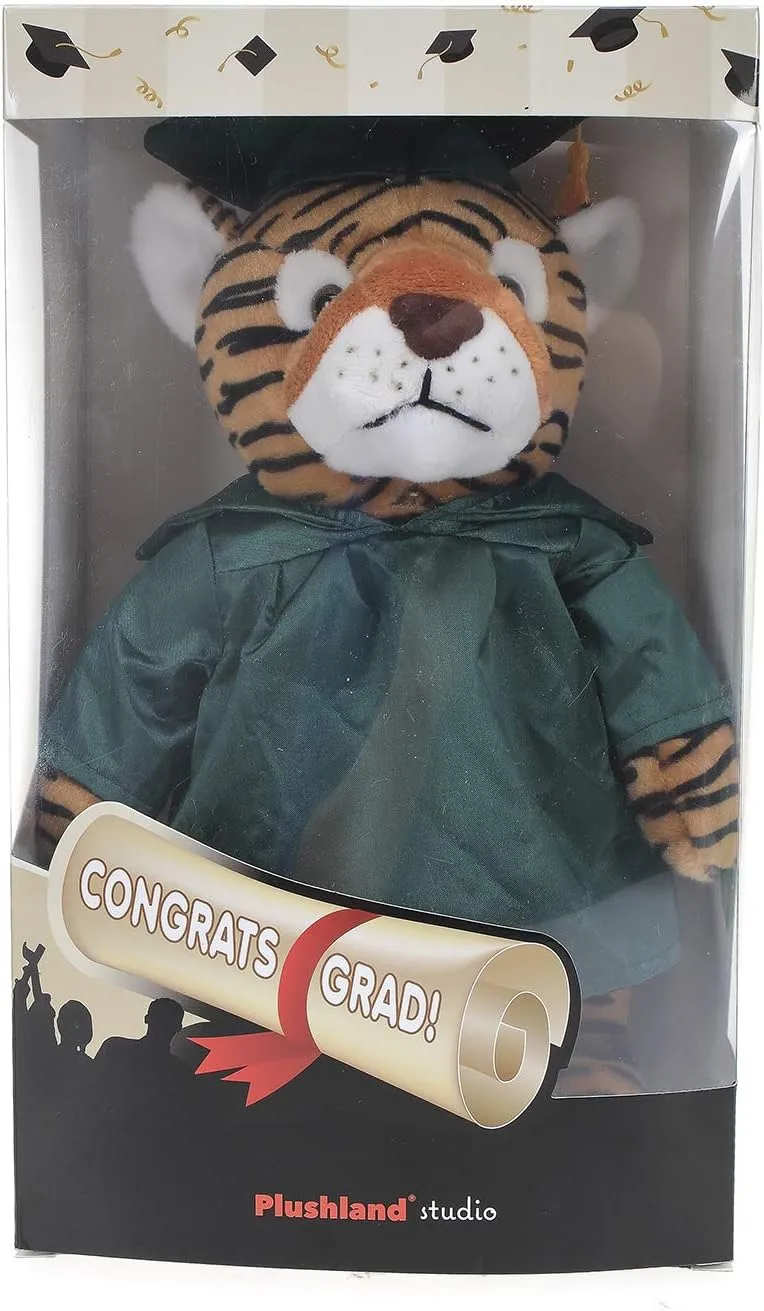 Plushland Tiger Plush Stuffed Animal Toys Present Gifts for Graduation Day, Personalized Text, Name or Your School Logo on Gown, Best for Any Grad School Kids 12 Inches(Royal Cap and Gown)