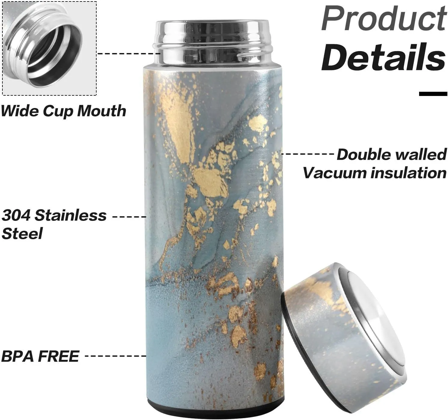 Poeticcity Turquoise Blue Marble with Gold Smudges and Stains Golden Pigment Tumbler with Lid, BPA-Free Vacuum Insulated Thermal Coffee Mug,Stainless Steel Double Wall Travel Cup Water Bottle 11.8 oz