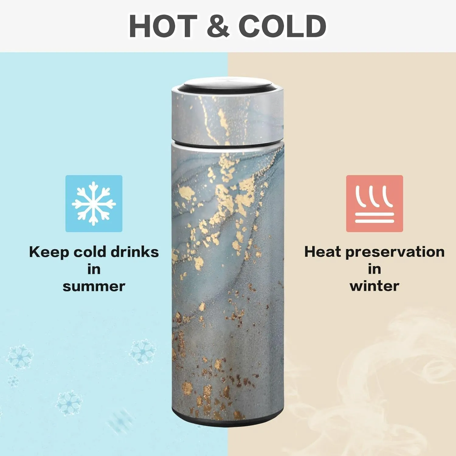 Poeticcity Turquoise Blue Marble with Gold Smudges and Stains Golden Pigment Tumbler with Lid, BPA-Free Vacuum Insulated Thermal Coffee Mug,Stainless Steel Double Wall Travel Cup Water Bottle 11.8 oz