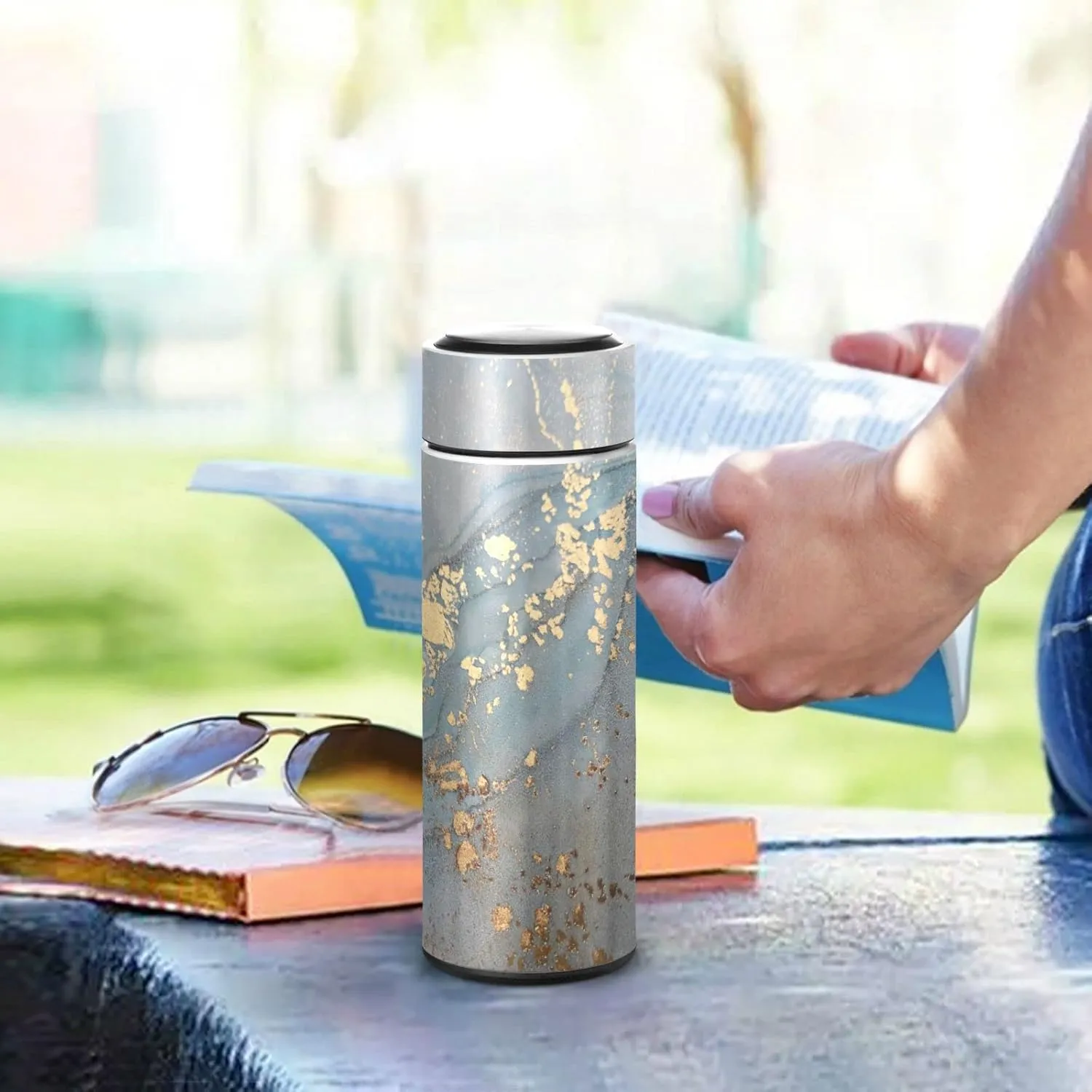 Poeticcity Turquoise Blue Marble with Gold Smudges and Stains Golden Pigment Tumbler with Lid, BPA-Free Vacuum Insulated Thermal Coffee Mug,Stainless Steel Double Wall Travel Cup Water Bottle 11.8 oz