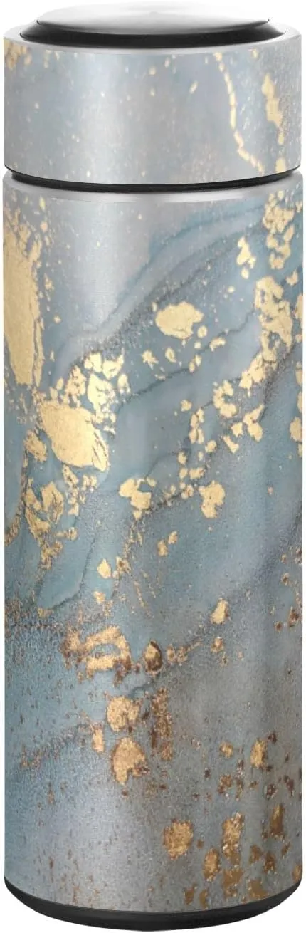 Poeticcity Turquoise Blue Marble with Gold Smudges and Stains Golden Pigment Tumbler with Lid, BPA-Free Vacuum Insulated Thermal Coffee Mug,Stainless Steel Double Wall Travel Cup Water Bottle 11.8 oz