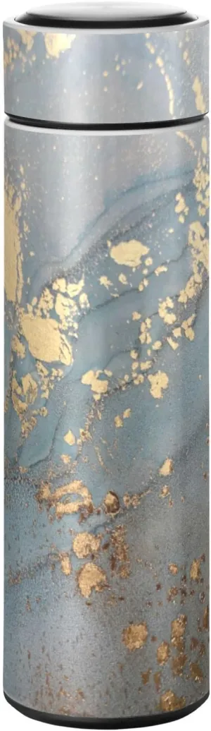 Poeticcity Turquoise Blue Marble with Gold Smudges and Stains Golden Pigment Tumbler with Lid, BPA-Free Vacuum Insulated Thermal Coffee Mug,Stainless Steel Double Wall Travel Cup Water Bottle 11.8 oz