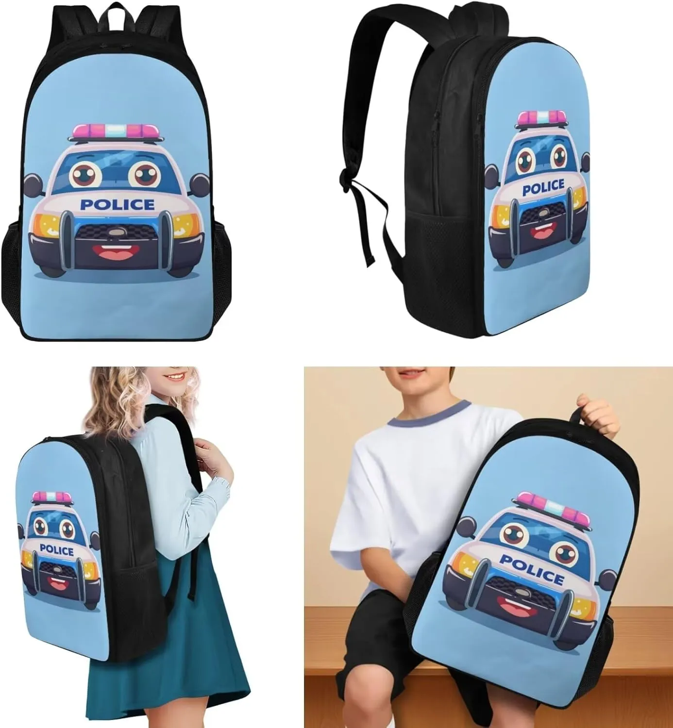Police Car Kids Backpack for Boys Elementary Kindergarten Preschool School Bag Primary Student Girls Bookbag Set with Lunch Box and Pencil Pouch, 3Pcs