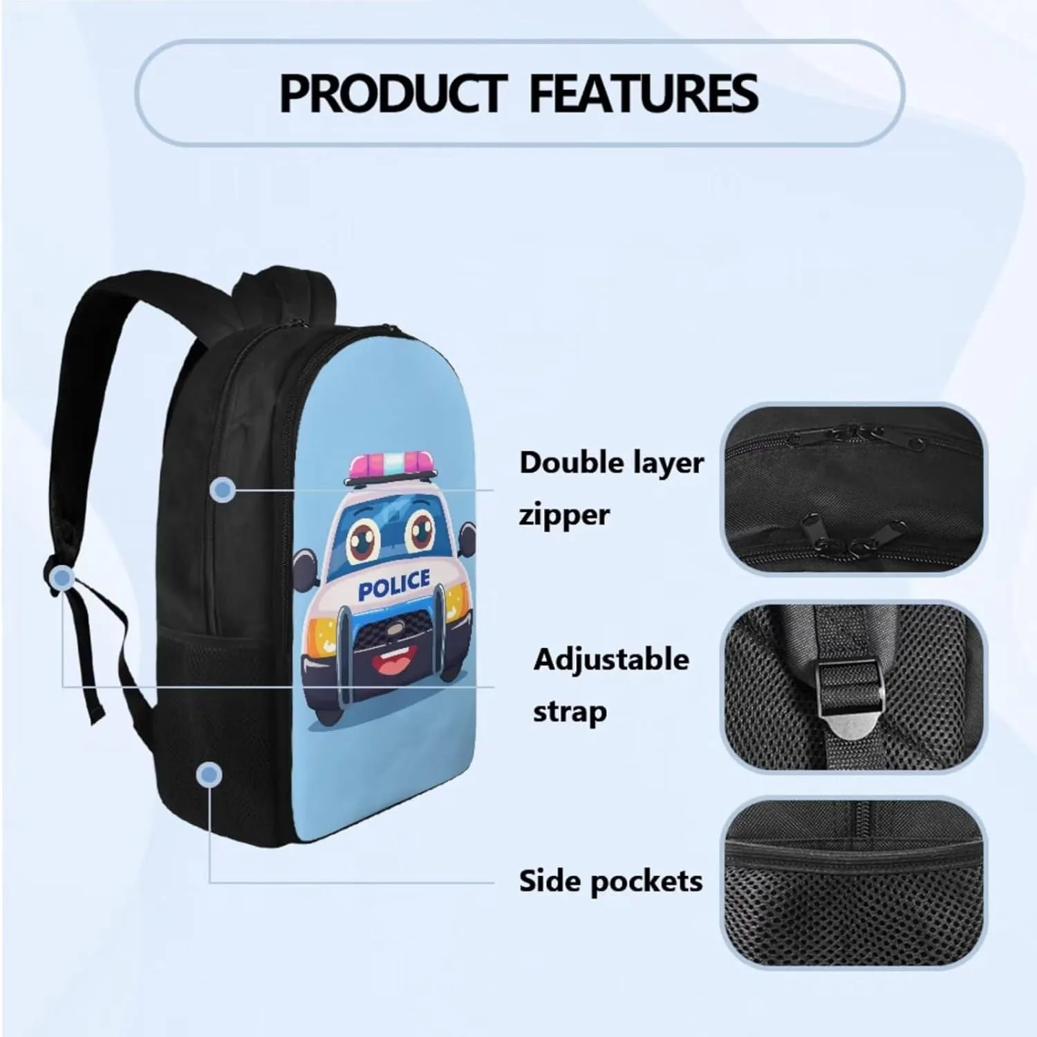 Police Car Kids Backpack for Boys Elementary Kindergarten Preschool School Bag Primary Student Girls Bookbag Set with Lunch Box and Pencil Pouch, 3Pcs